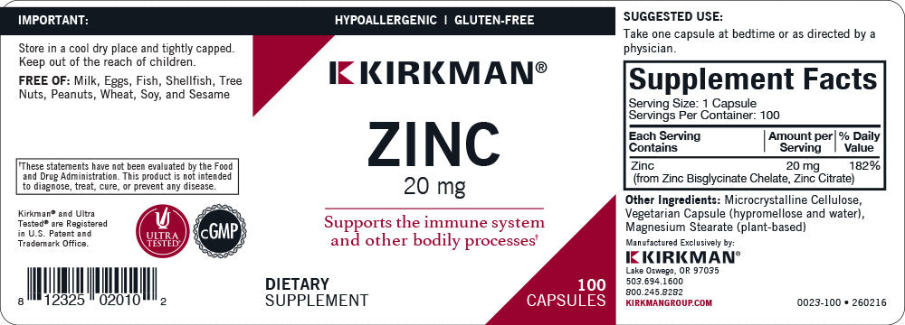 Zinc 20mg Hypo Caps 100 ct