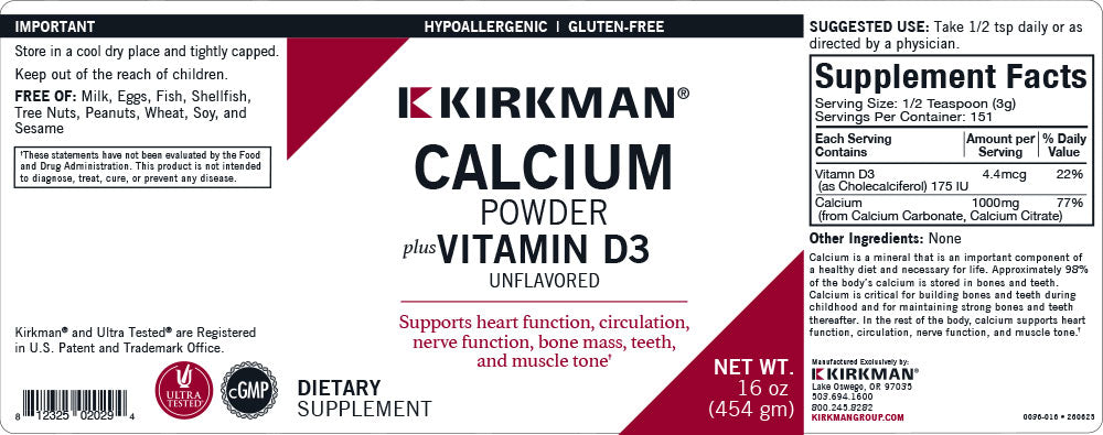 Calcium with Vitamin D-3 Powder - Unflavored - Hypoallergenic - 16 oz.