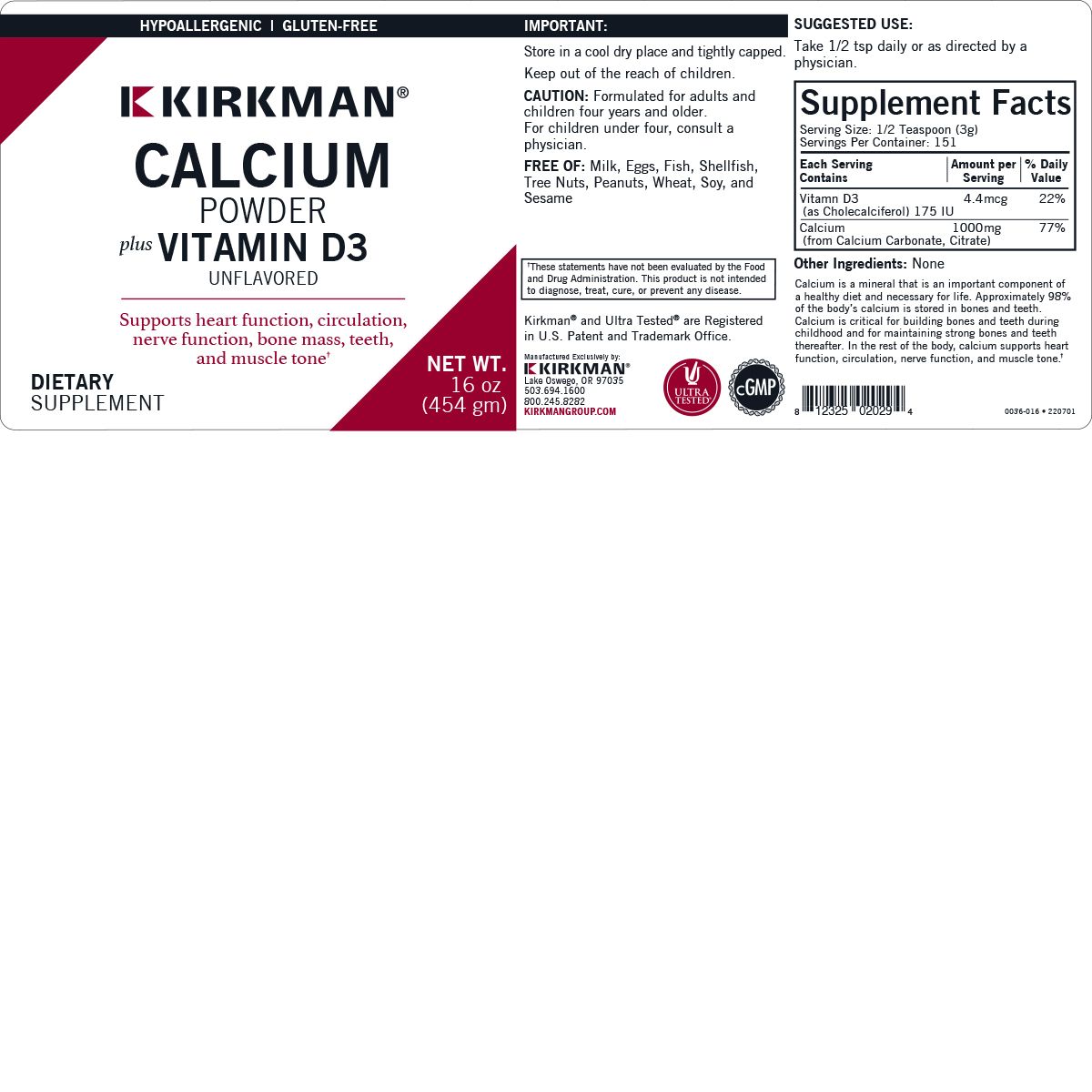 Calcium with Vitamin D-3 Powder - Unflavored - Hypoallergenic - 16 oz.