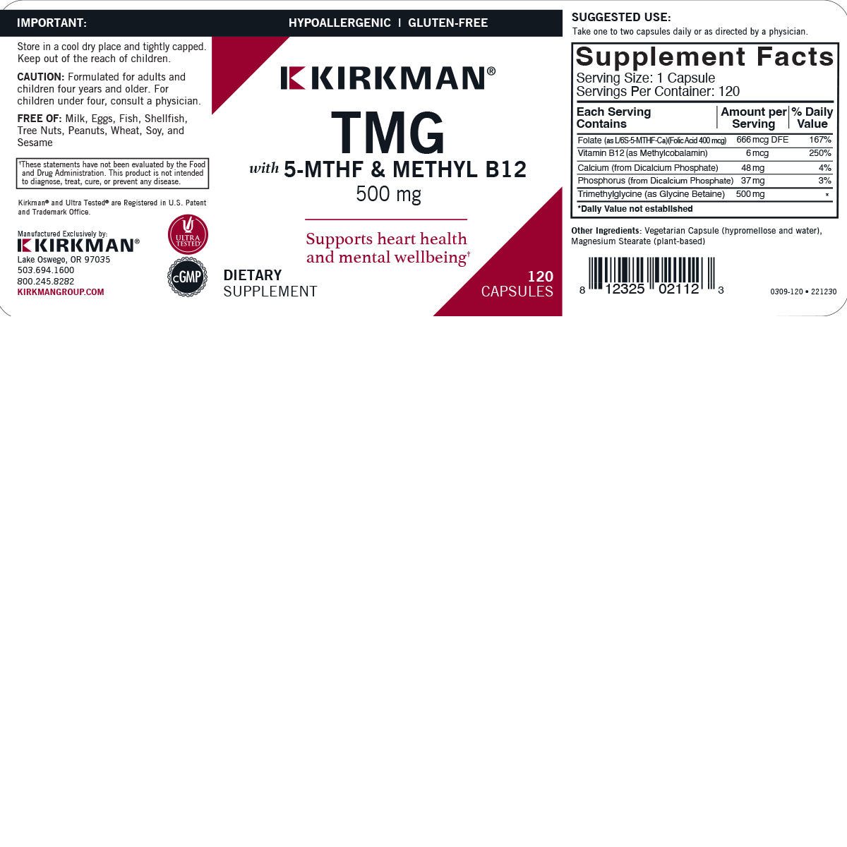 TMG 500 mg with Folate & Methyl B12 - Hypoallergenic