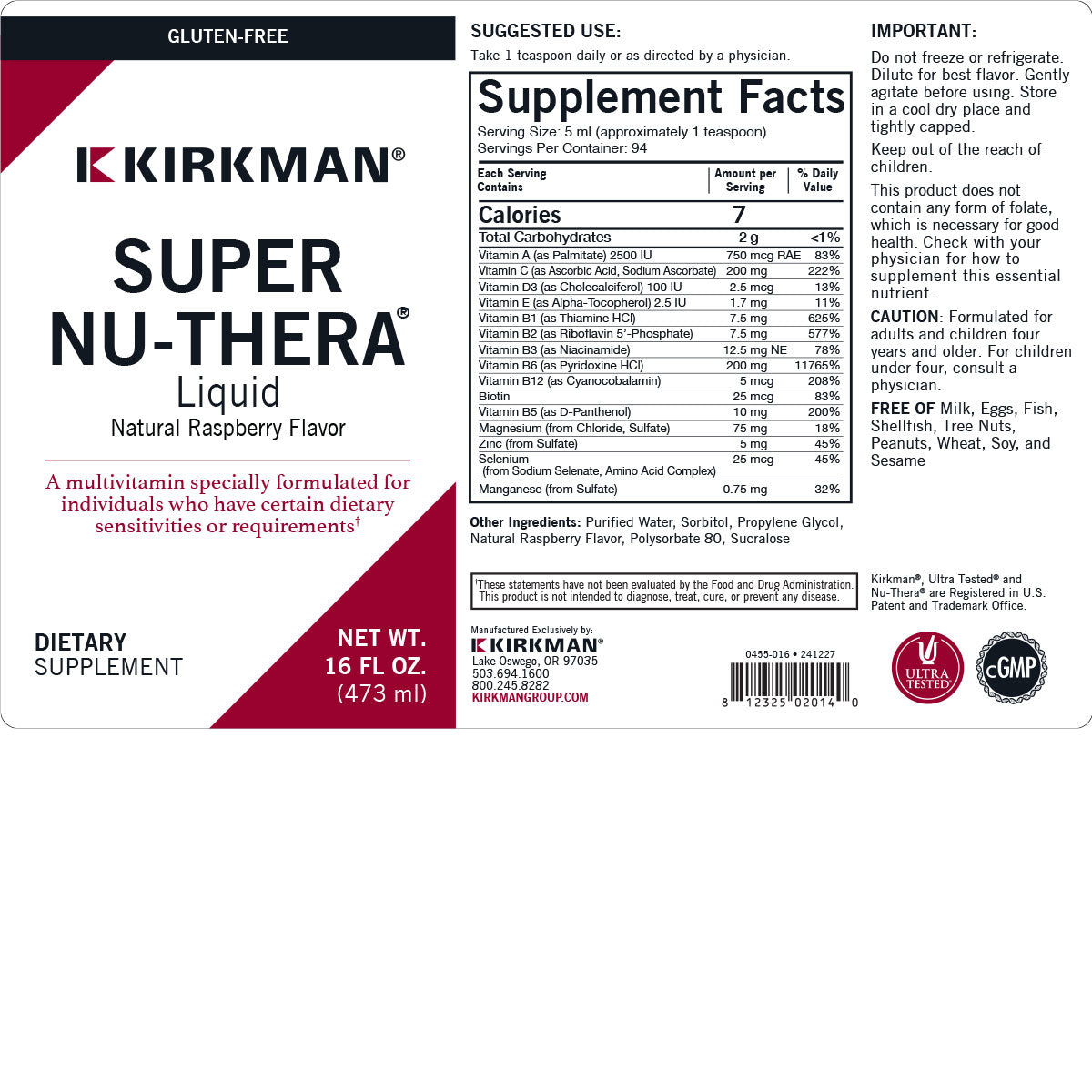 Super Nu-Thera Liquid 16oz Natural Raspberry