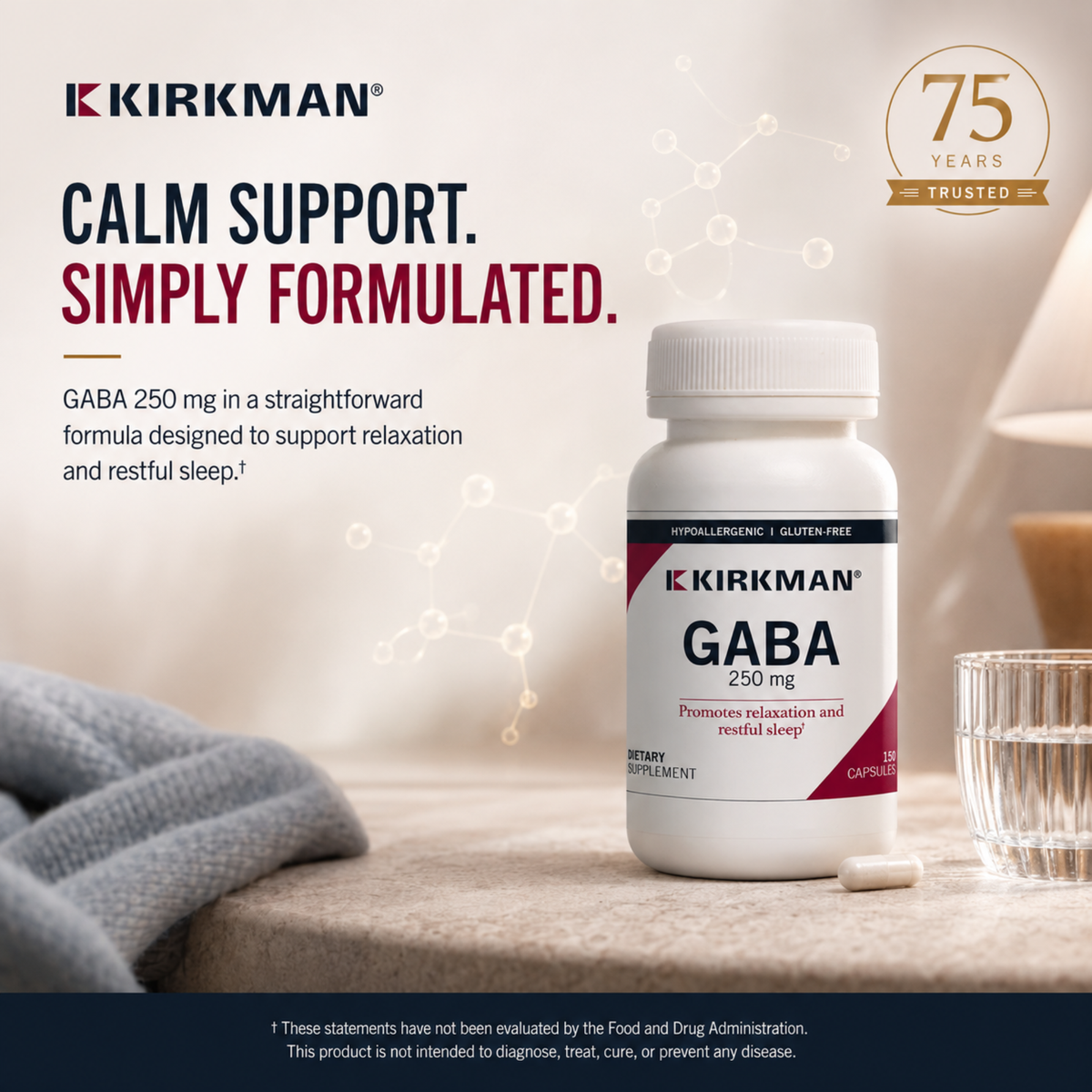 Kirkman GABA 250 mg dietary supplement bottle on a tabletop with a glass and cloth, alongside marketing text and a 75 years trusted badge.