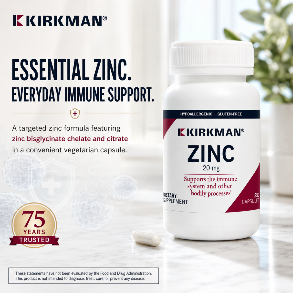 Kirkman Zinc 20 mg dietary supplement bottle on a light marble surface with a single capsule beside it. The white bottle has a navy and red label, with Kirkman branding and product name clearly visible.