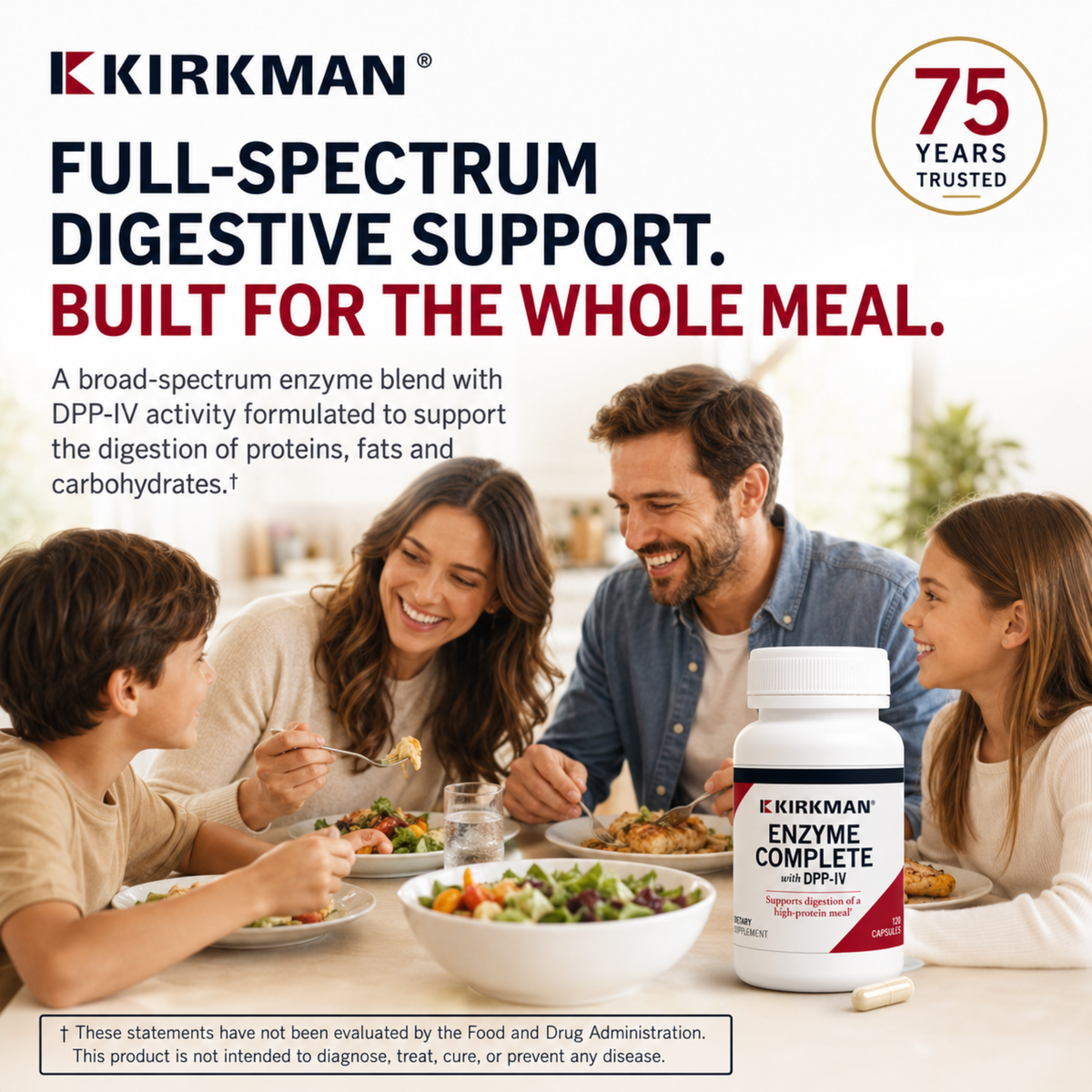 Kirkman Enzyme Complete with DPP-IV dietary supplement shown with a family meal, highlighting broad-spectrum digestive enzyme support for proteins, fats, and carbohydrates.