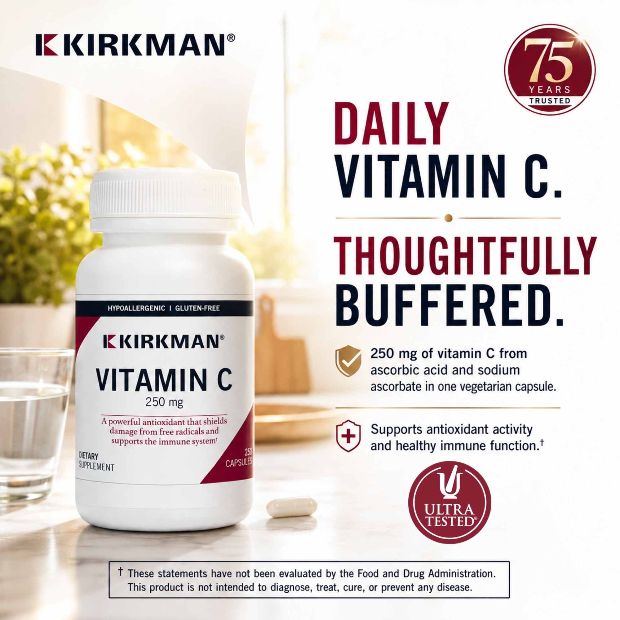 Kirkman Vitamin C supplement bottle on a bright, sunlit background with promotional text reading 'DAILY VITAMIN C. THOUGHTFULLY BUFFERED.