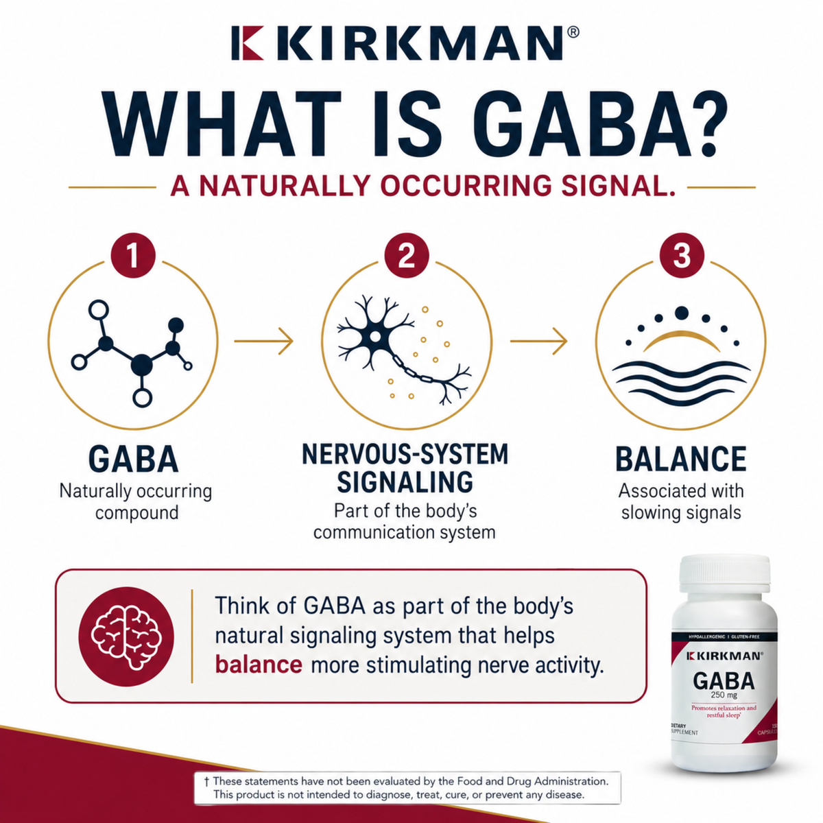 An informational graphic for Kirkman GABA supplements. The top section features the Kirkman brand logo and the text 'WHAT IS GABA? A NATURALLY OCCURRING SIGNAL.