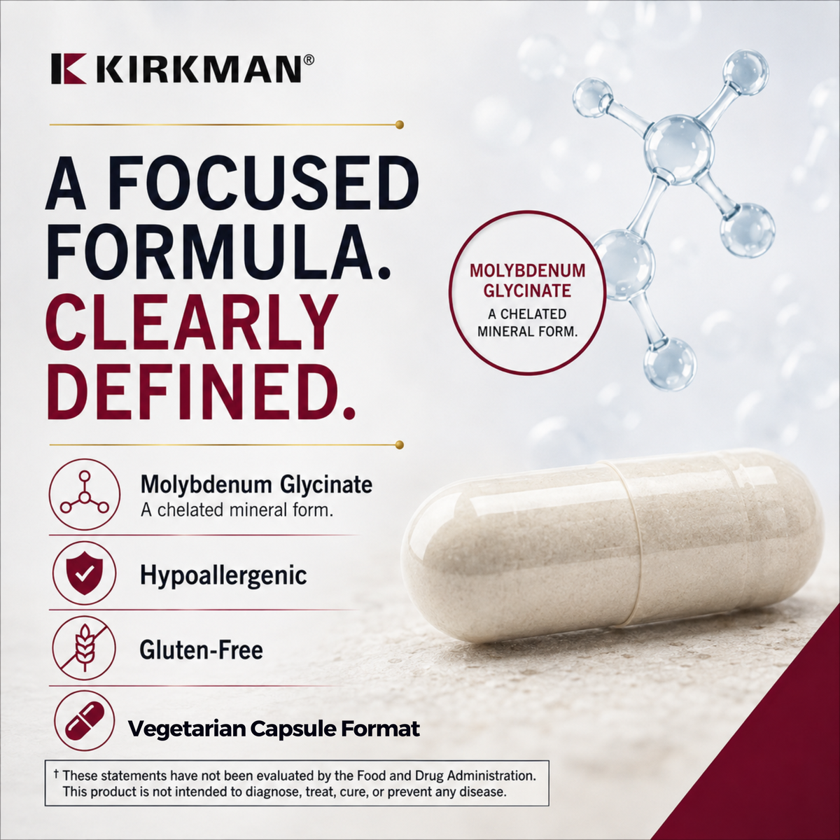 Kirkman Molybdenum Glycinate supplement information graphic with a large beige capsule, molecular diagram, and text listing benefits such as hypoallergenic, gluten-free, and vegetarian capsule format.