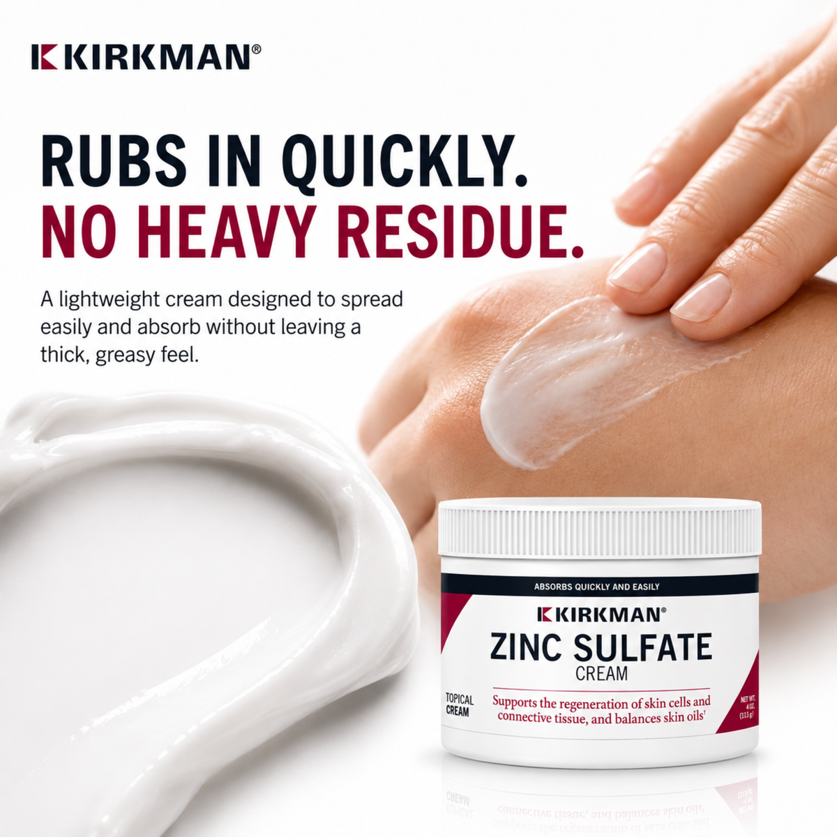 Kirkman Zinc Sulfate Cream jar shown with a hand applying white cream to another hand, alongside a smear of cream and promotional text on a clean white background.