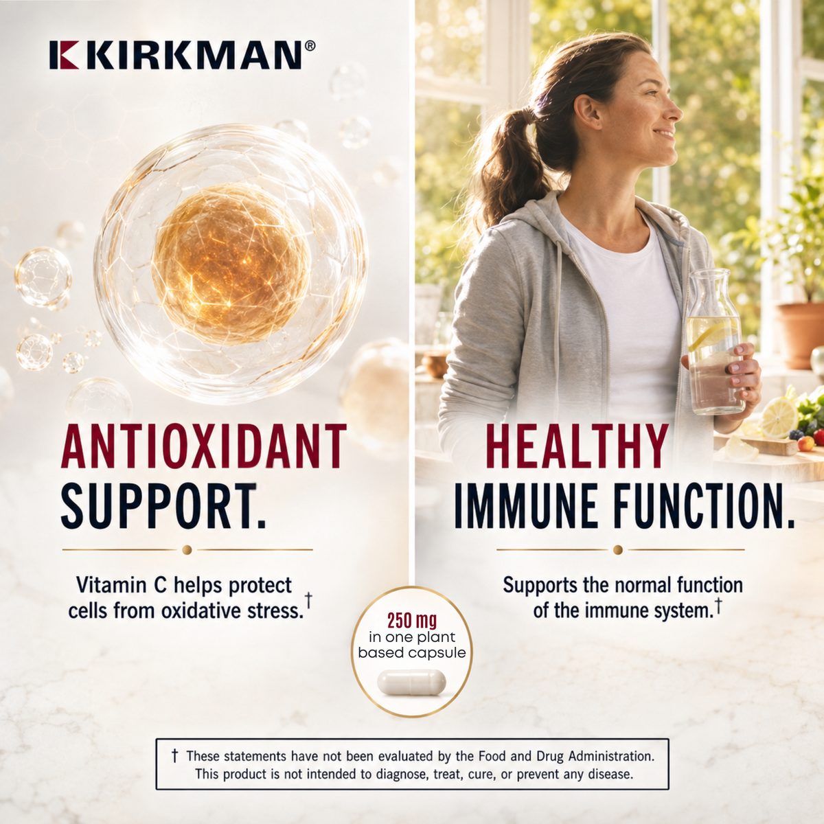Kirkman supplement advertisement featuring a split-screen design. The left side shows a large clear capsule containing golden-orange antioxidant particles with the text 'ANTIOXIDANT SUPPORT and HEALTHY IMMUNE FUNCTION. Text containing 'Vitamin C helps protect cells for oxidative stress as well as Supports the normal function of the immune system. *These statements have not been evaluated by the Food and Drug Administration. This product is not intended to diagnose, treat, cure, or prevent any disease.