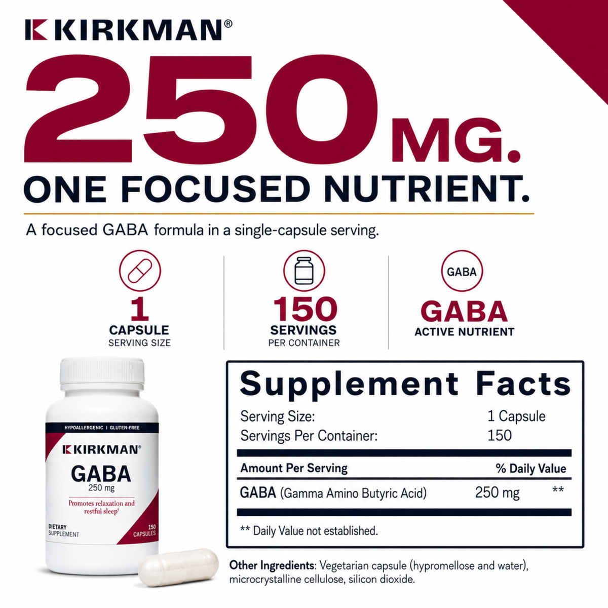 Kirkman GABA dietary supplement packaging and bottle shown on a white background with large red text reading 250 MG and supplement facts panel.