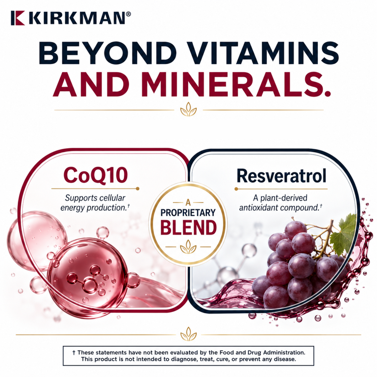 Kirkman Beyond Vitamins and Minerals promotional graphic featuring CoQ10 and Resveratrol benefits, with a central 'Proprietary Blend' badge and grape imagery on a white background.