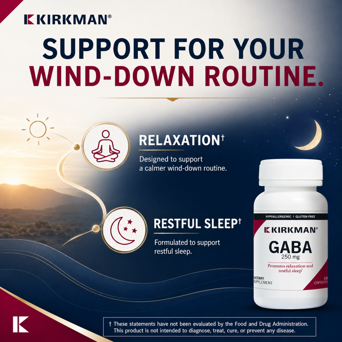 Kirkman GABA dietary supplement bottle on a dark blue promotional graphic with text reading 'Support for your wind-down routine,' plus icons for relaxation and restful sleep.