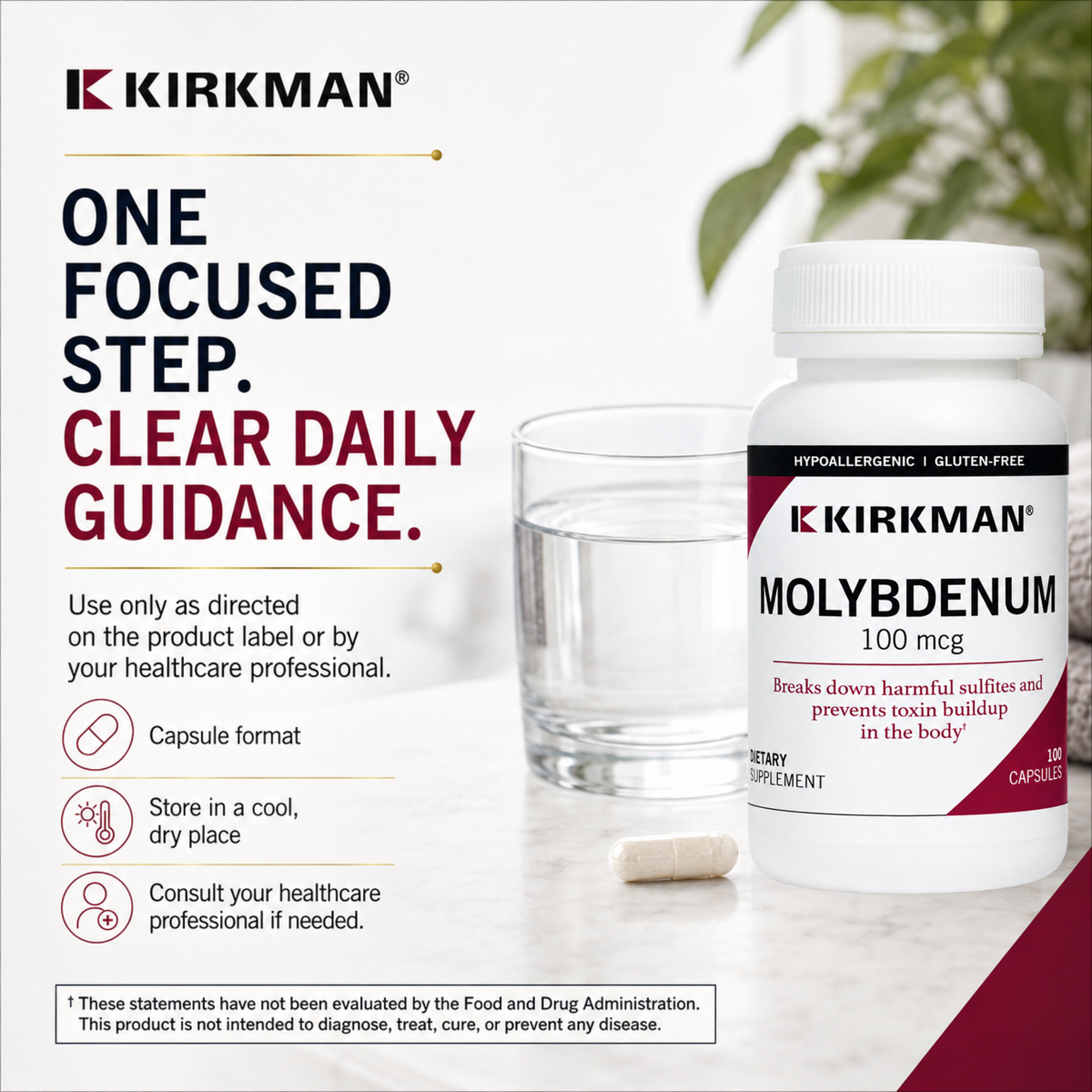 Kirkman Molybdenum 100 mcg dietary supplement bottle shown next to a glass of water and a capsule on a light marble surface, with Kirkman branding and product information on the left side of the image.