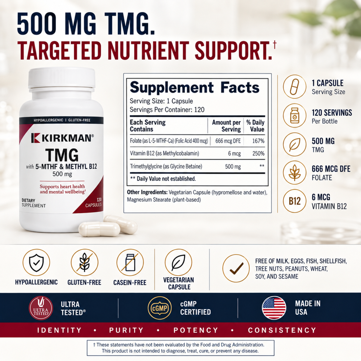 TMG 500 mg with Folate & Methyl B12 - Hypoallergenic
