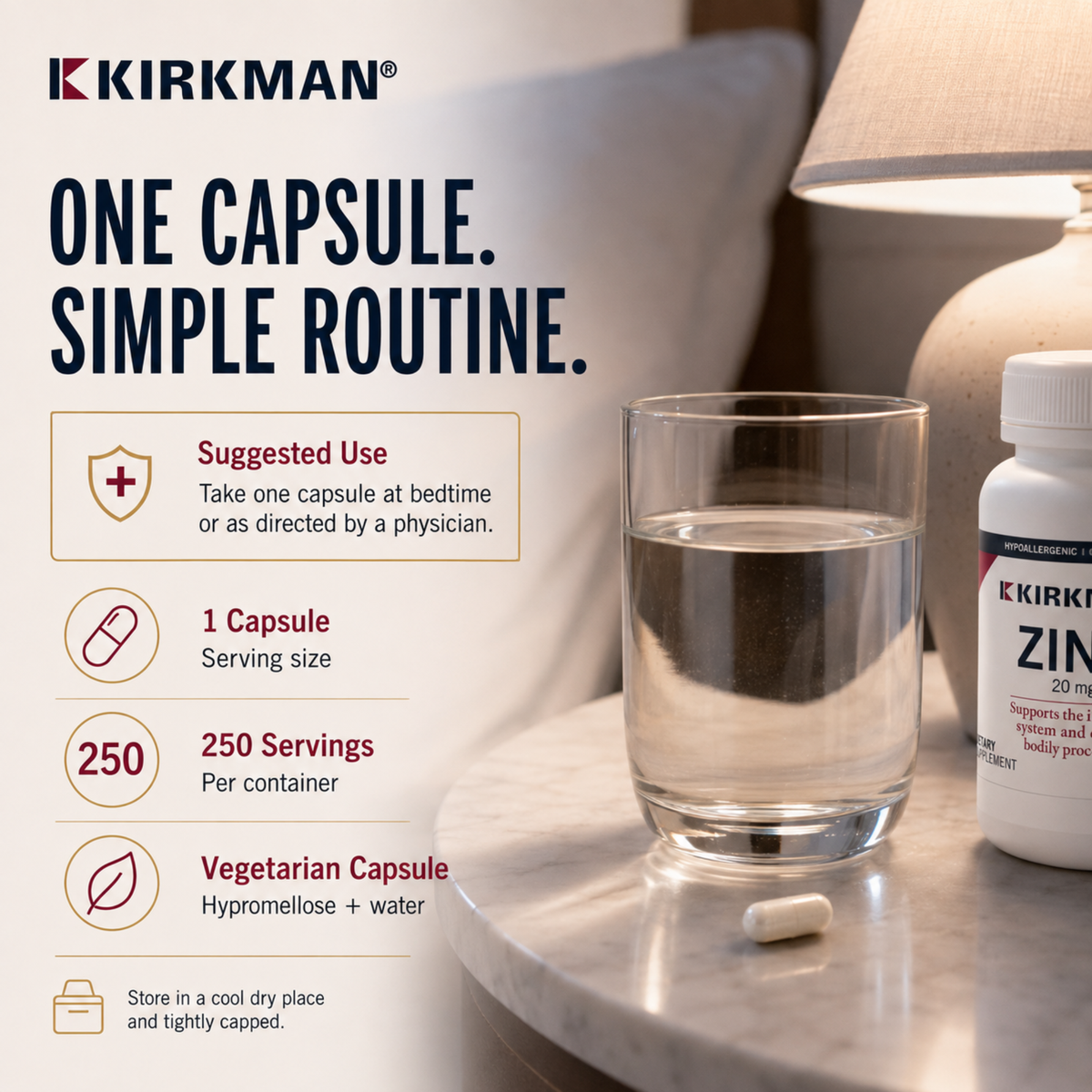 Kirkman Zinc supplement bottle and capsule shown on a bedside table next to a glass of water, with promotional text and usage information on a soft bedroom background.