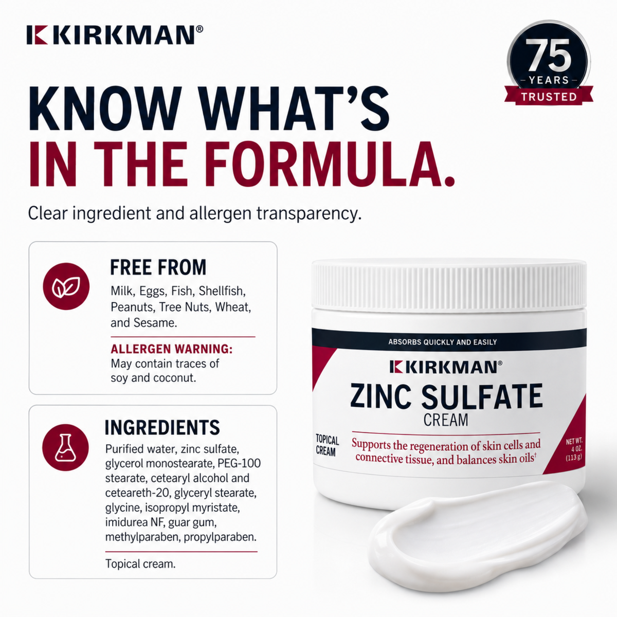 Kirkman Zinc Sulfate Cream jar on a white background with product information callouts and a 75 years trusted badge. A small dollop of white cream is shown in front of the jar.
