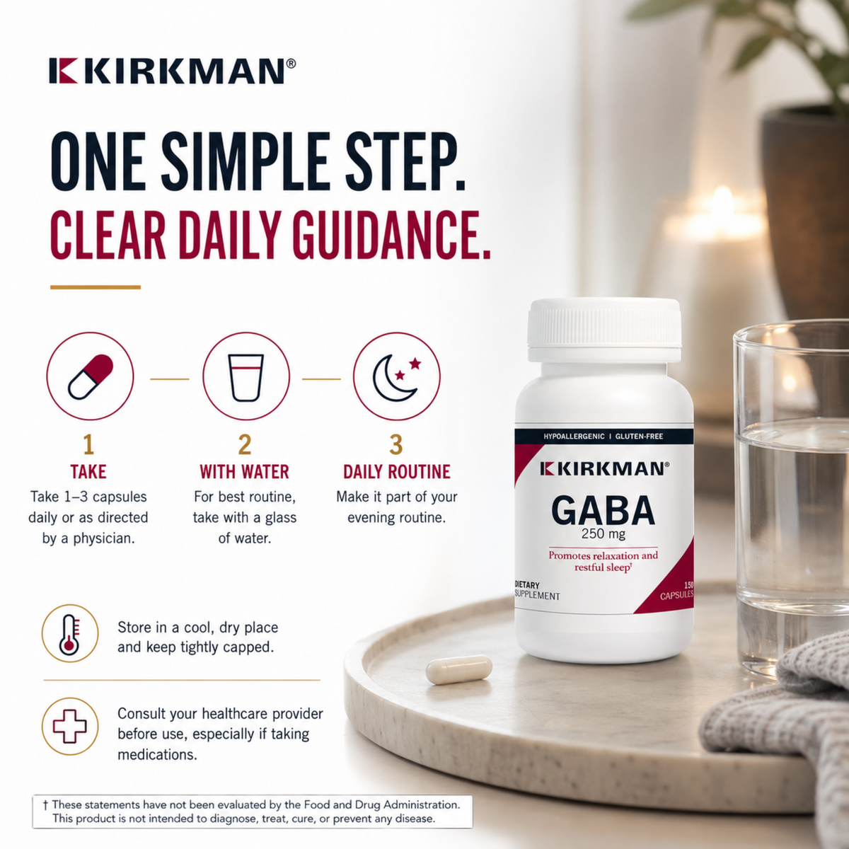 Kirkman GABA 250 mg supplement bottle shown on a styled tabletop with a glass of water, candle, and a pill on a tray, alongside informational text and icons about daily guidance and storage.