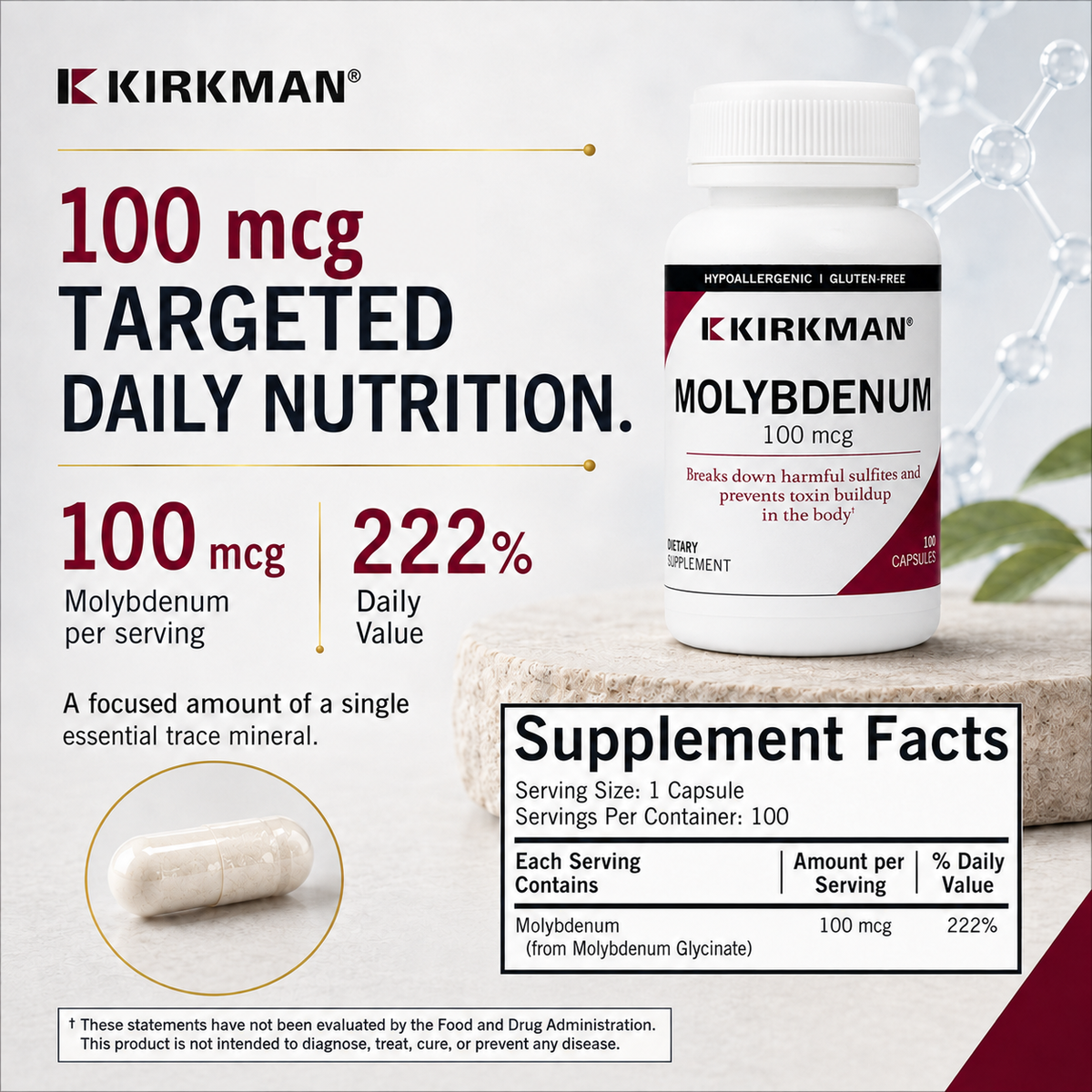 Kirkman Molybdenum 100 mcg dietary supplement bottle shown on a stone surface with marketing text, a supplement facts panel, and a capsule inset. The product itself is a white bottle with black and dark red branding.