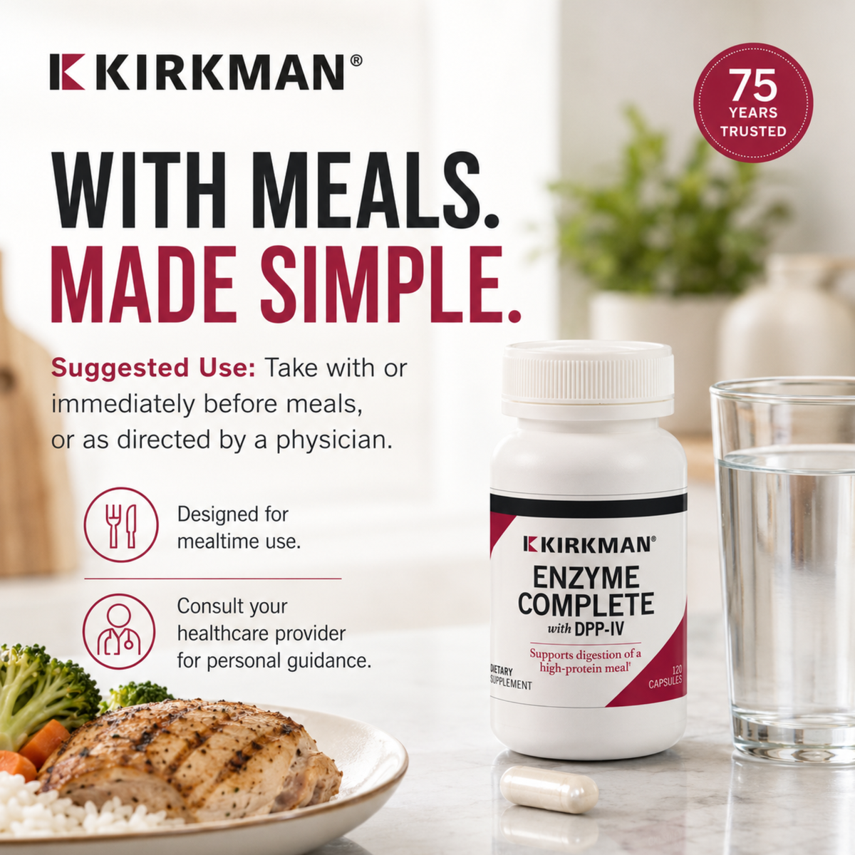 Kirkman Enzyme Complete dietary supplement bottle and capsule on a kitchen counter beside a glass of water, with food in the background and Kirkman marketing text and a '75 Years Trusted' badge.