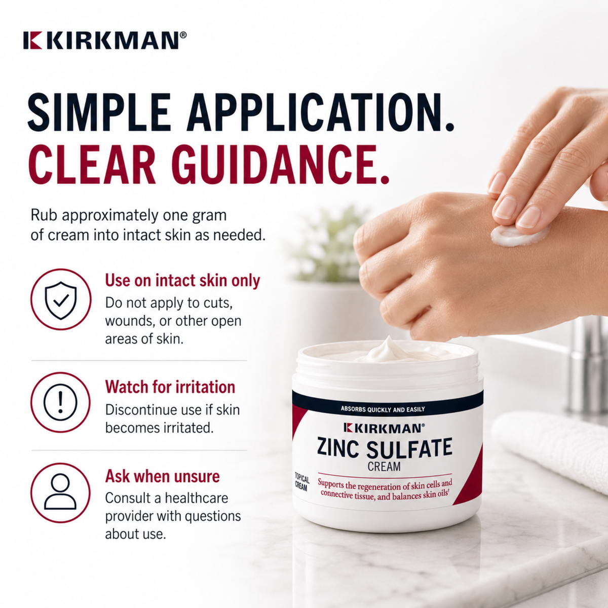 Kirkman Zinc Sulfate Cream shown in a lifestyle context with a hand applying the white cream to another hand, set against a clean white marble background with informative text overlays.