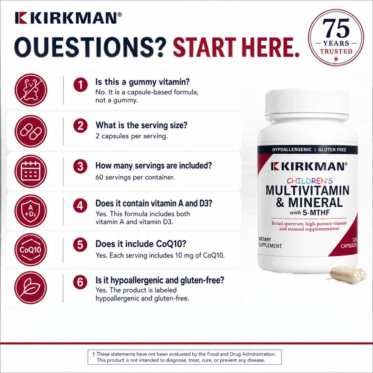 Kirkman Children's Multivitamin & Mineral supplement bottle shown on a white infographic background with six common product questions and icons, plus a small capsule and a 75 years trusted badge.