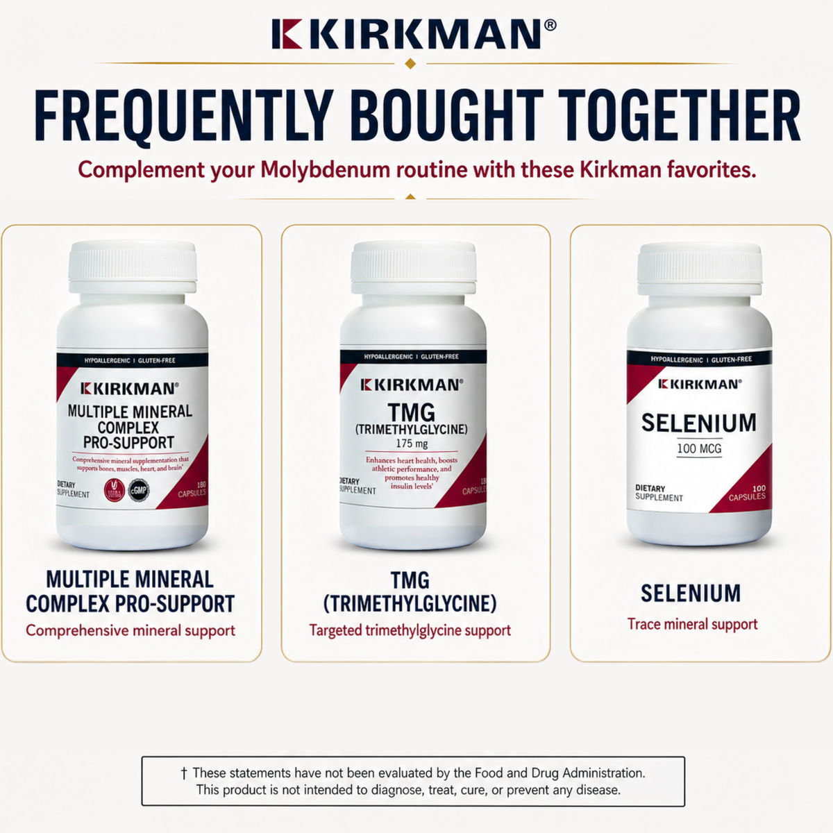 A promotional graphic for Kirkman supplements showing three white supplement bottles arranged in a row under the headline 'FREQUENTLY BOUGHT TOGETHER.' The bottles are labeled Kirkman Multiple Mineral Complex Pro-Support, Kirkman TMG (Trimethylglycine), and Kirkman Selenium, with descriptive text beneath each product.