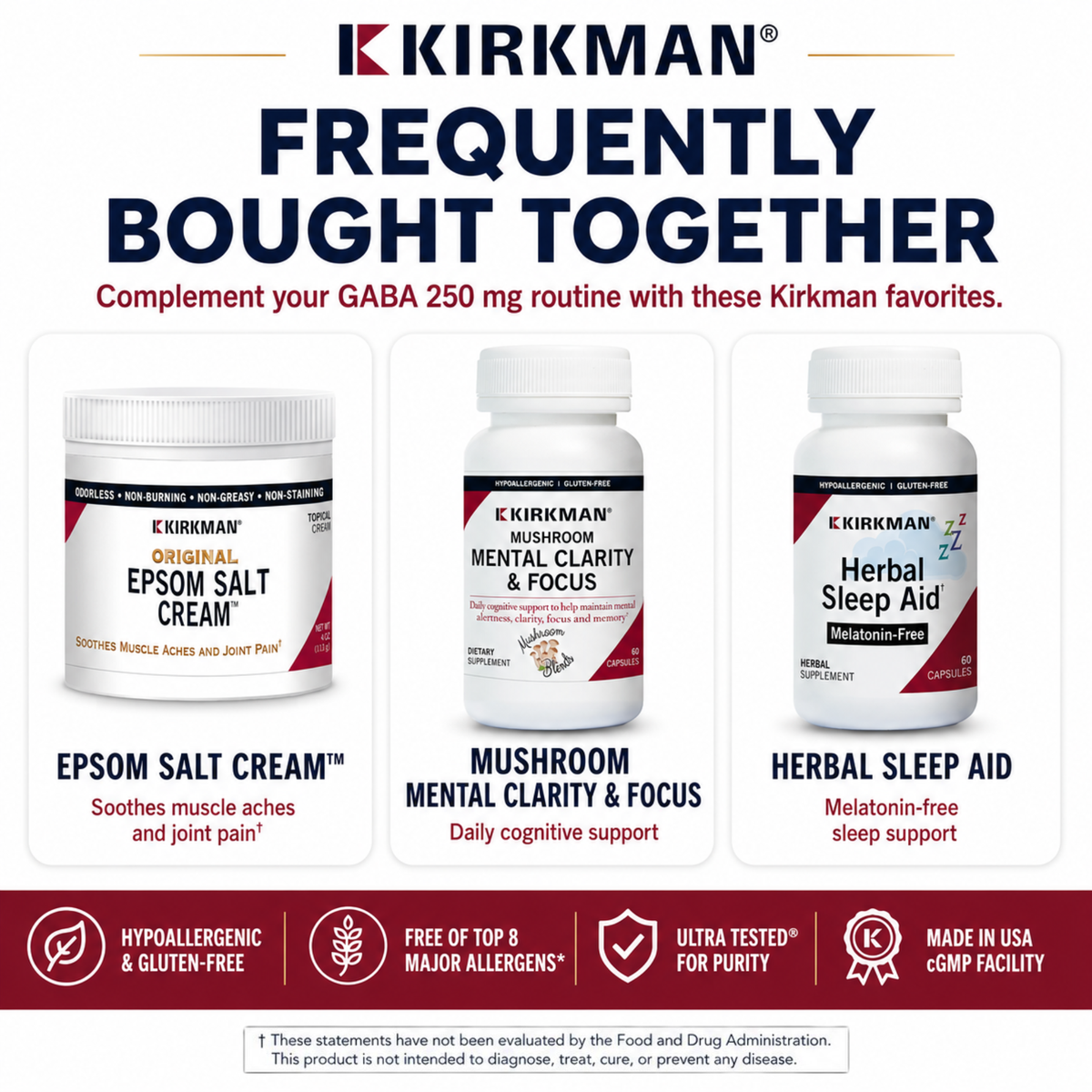 A promotional graphic for Kirkman supplements showing three product bottles: Original Epsom Salt Cream, Mushroom Mental Clarity & Focus, and Herbal Sleep Aid, with marketing text and a red footer banner.