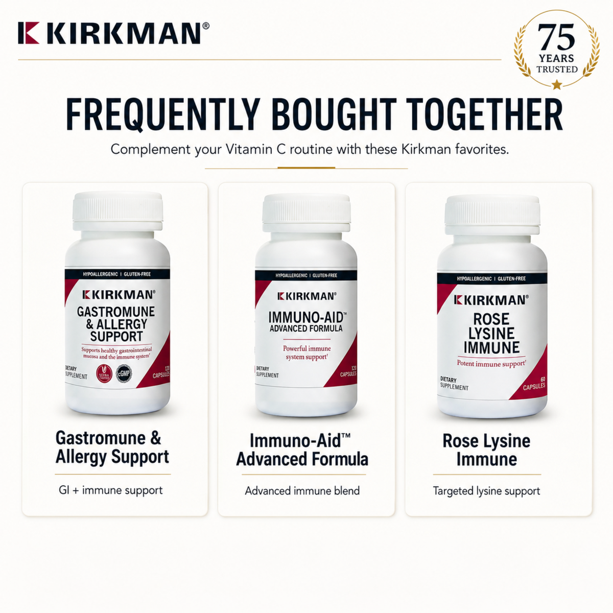 Kirkman frequently bought together supplements featuring Gastromune & Allergy Support, Immuno-Aid Advanced Formula, and Rose Lysine Immune.