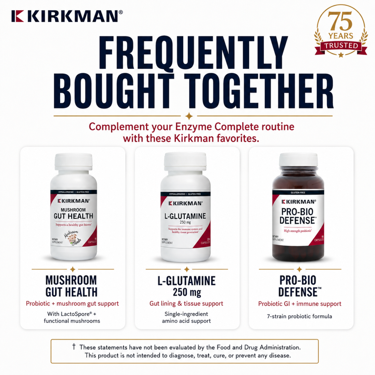 A promotional graphic for Kirkman supplements showing three product bottles: Mushroom Gut Health, L-Glutamine, and Pro-Bio Defense, with text explaining that these are frequently bought together and a 75 years trusted badge.