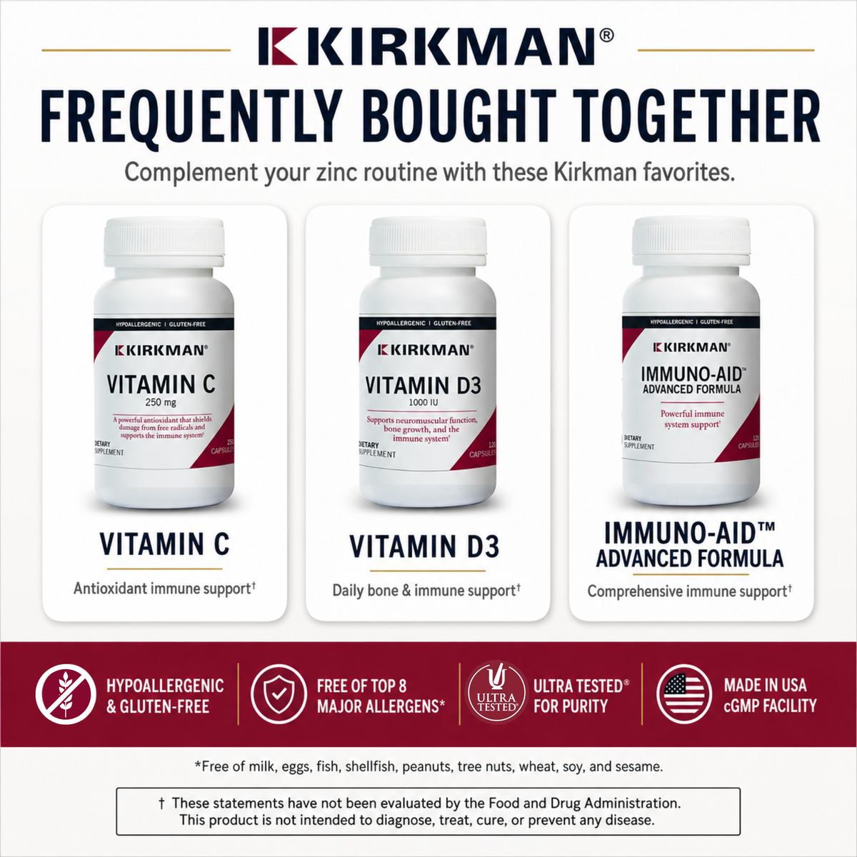 A promotional graphic for Kirkkman supplements showing three white supplement bottles labeled Vitamin C, Vitamin D3, and Immuno-Aid Advanced Formula, with marketing text and a red footer banner.