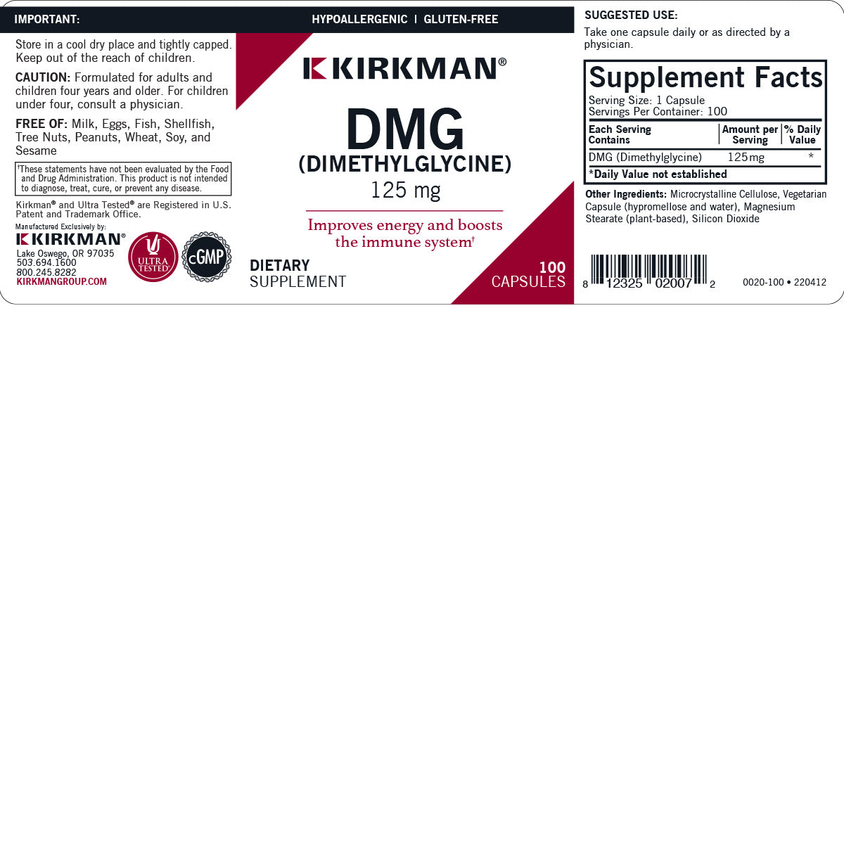 DMG (Dimethylglycine) 125 mg - Hypoallergenic - 100 capsules