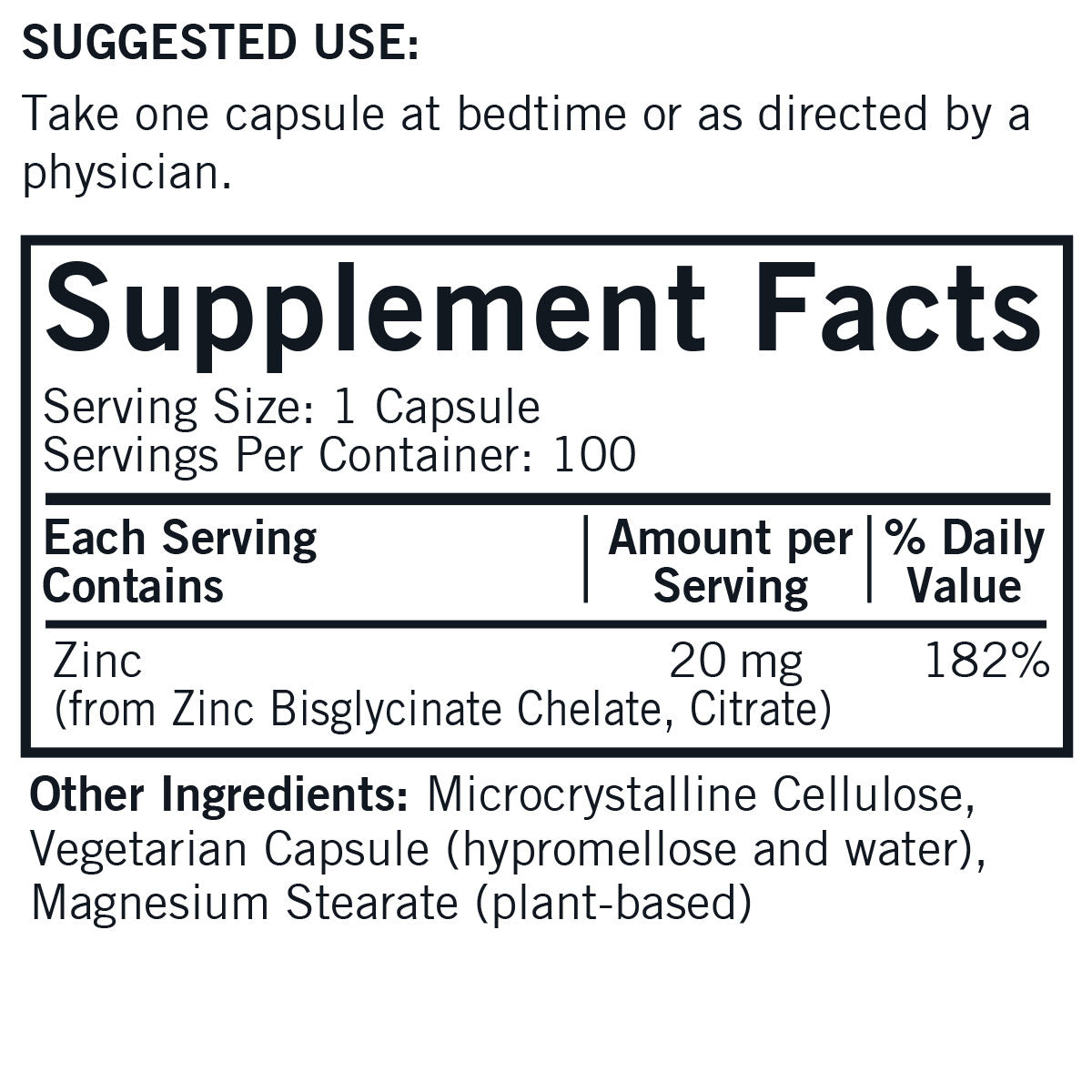 Zinc 20mg Hypo Caps 100 ct