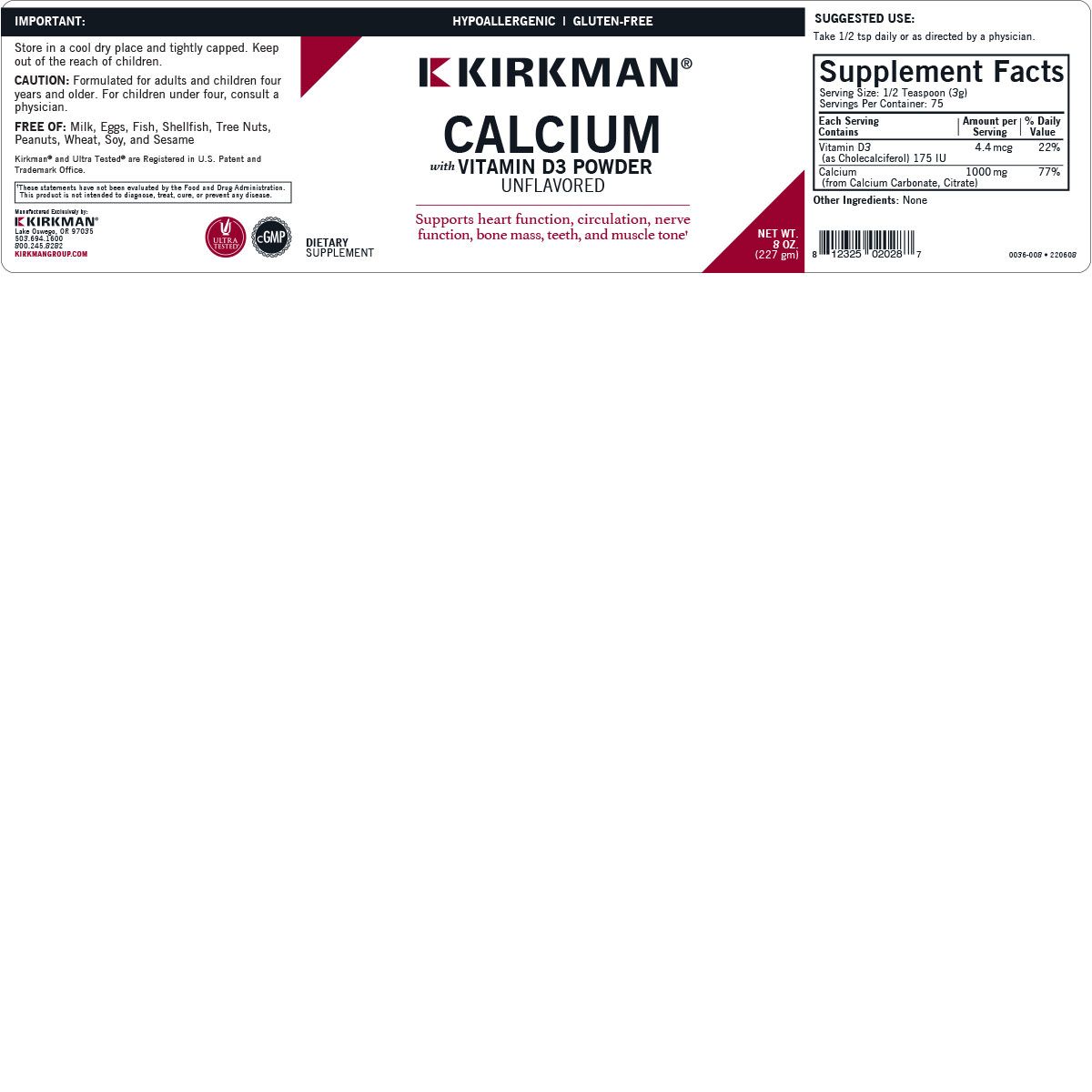 Calcium with Vitamin D-3 Powder - Unflavored - Hypoallergenic - 8 oz.