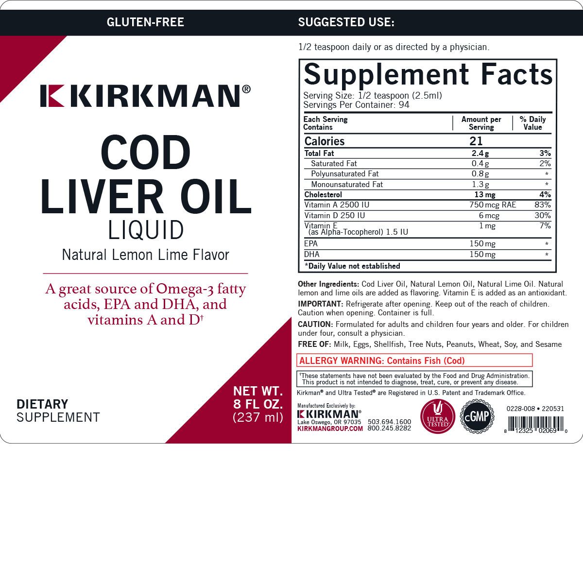 Cod Liver Oil Liquid: Natural Lemon Lime Flavor