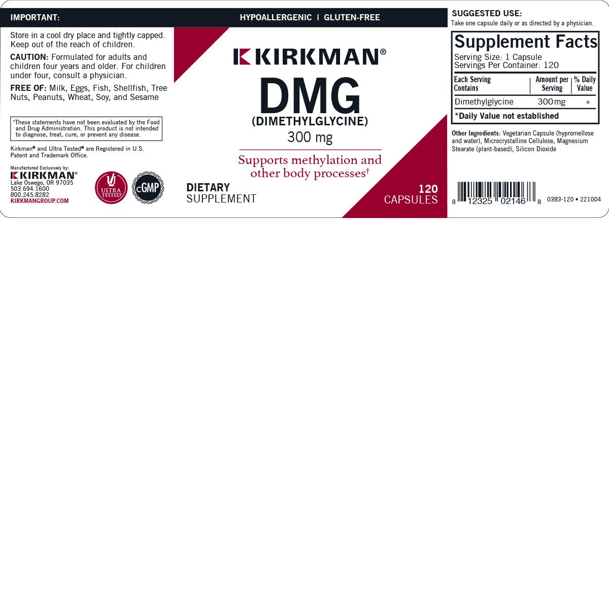 DMG (Dimethylglycine) 300 mg - Hypoallergenic - 120