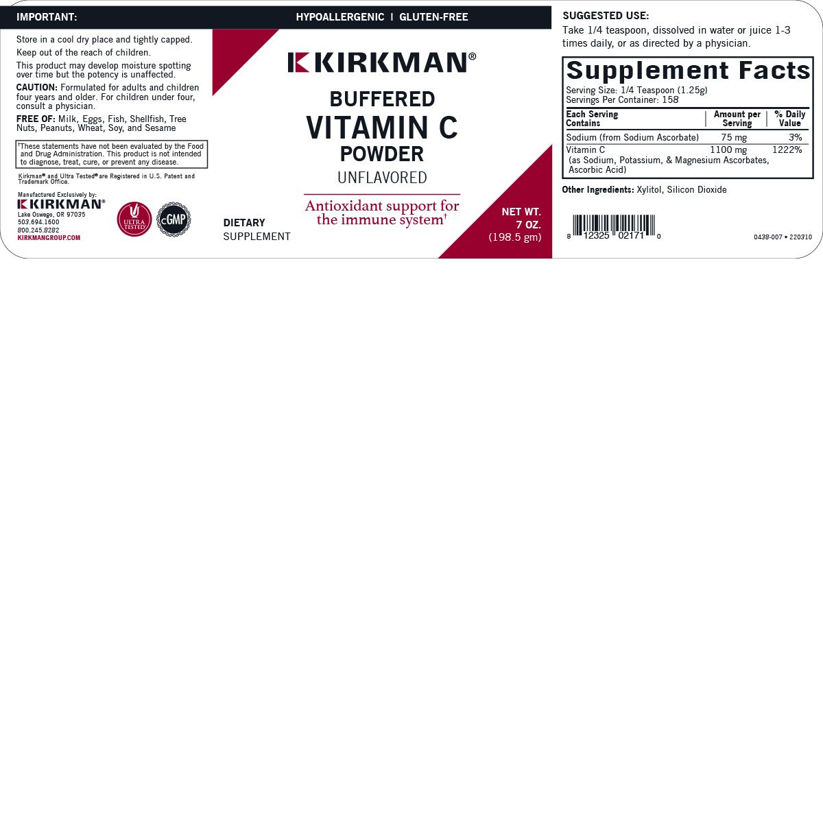 Buffered Vitamin C Powder, Unflavored, Bio-Max Series - Hypoallergenic