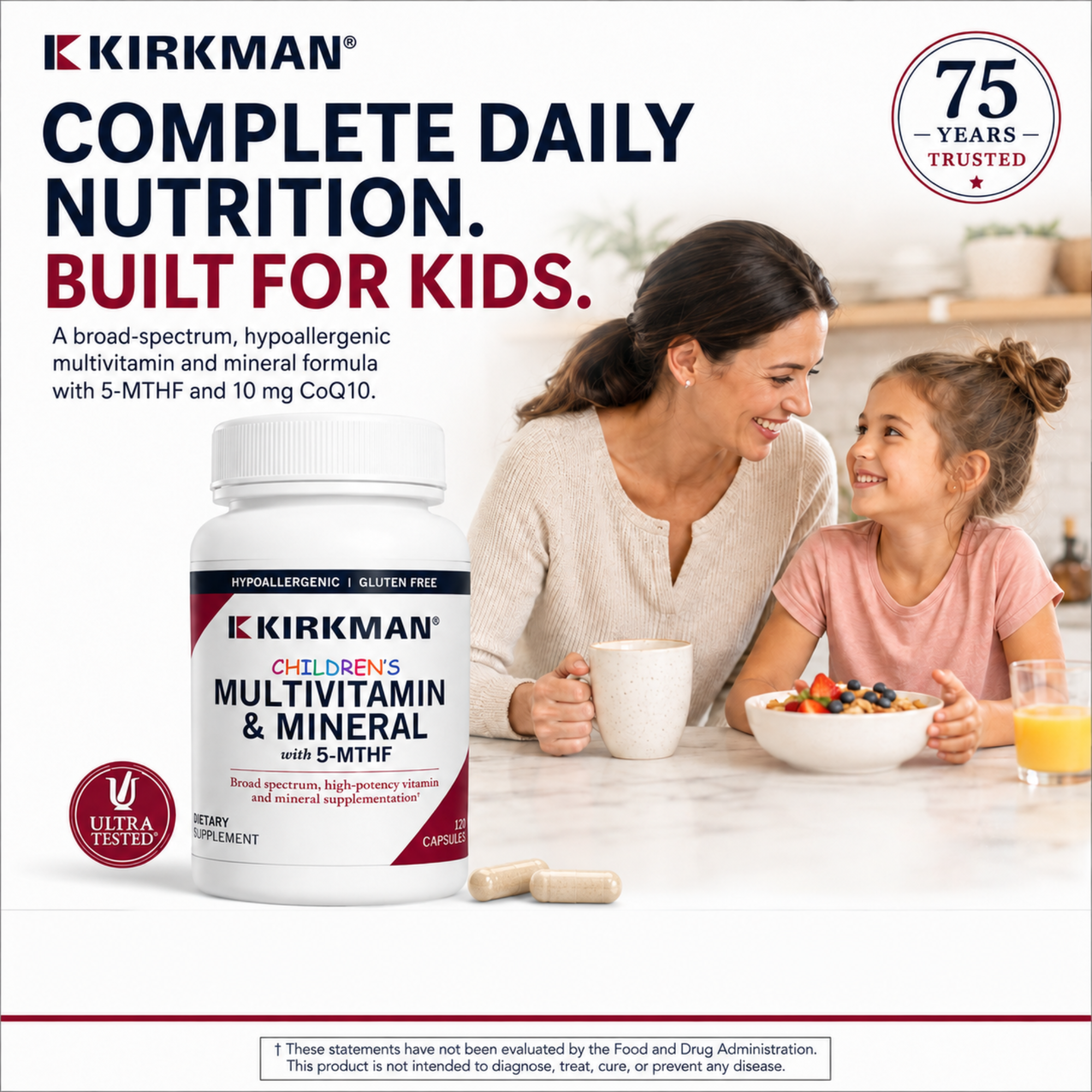 Kirkman Children's Multivitamin & Mineral supplement bottle shown on a promotional ad-style layout with a mother and daughter sitting at a table, plus text reading 'Complete Daily Nutrition. Built for Kids.