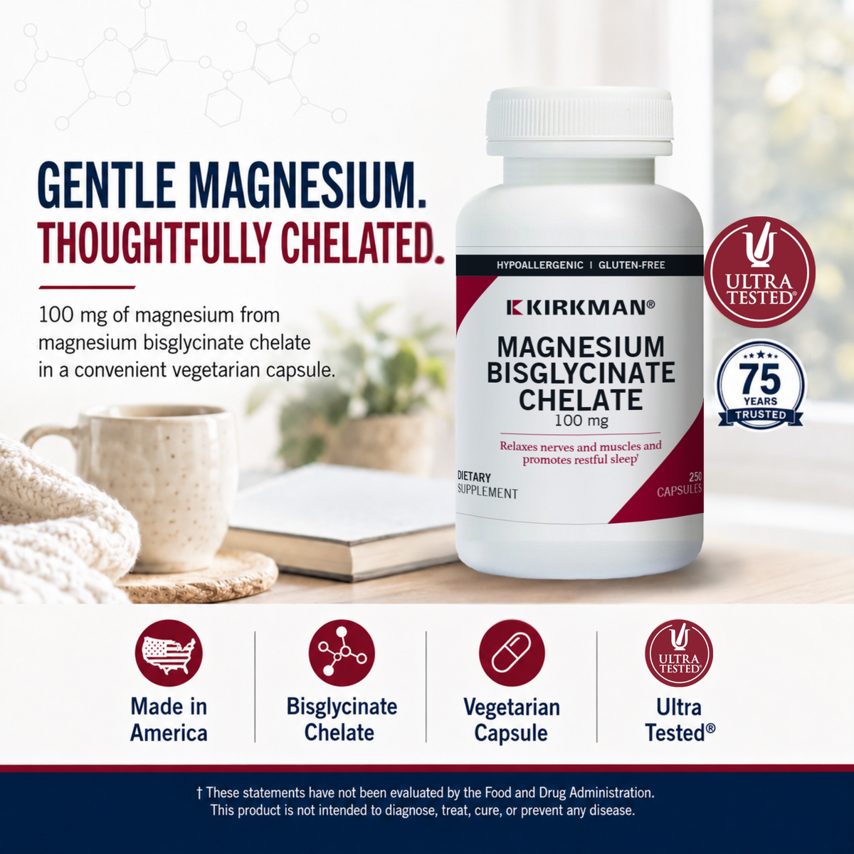 Kirkman Magnesium Bisglycinate Chelate 100 mg dietary supplement bottle shown on a styled light gray background with promotional text, badges, and feature icons below.