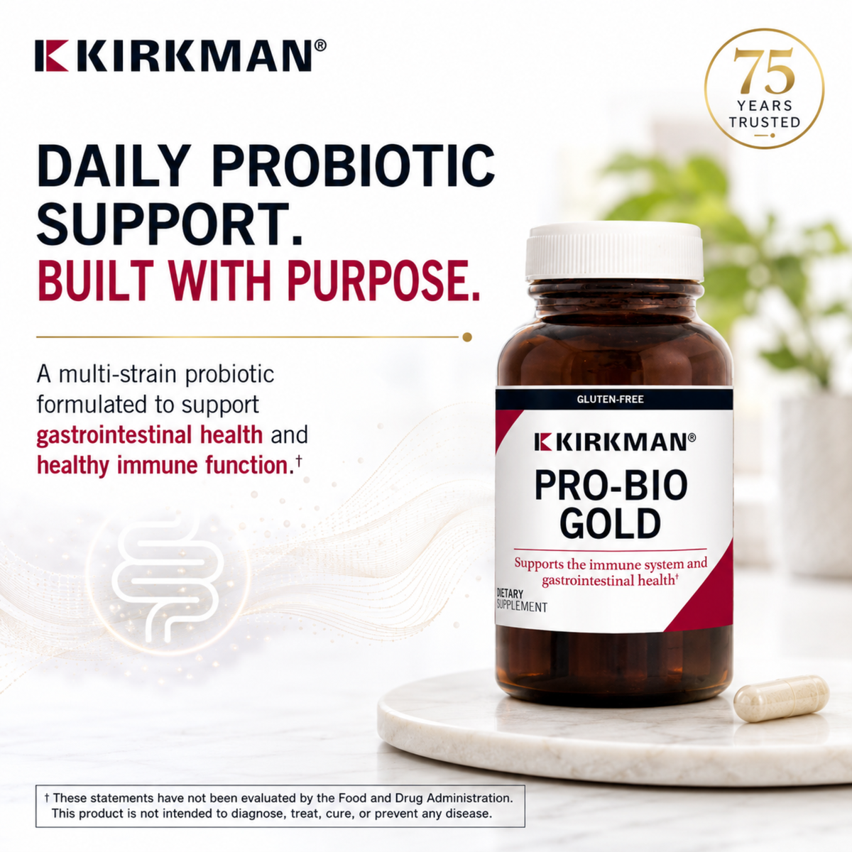 Kirkman Pro-Bio Gold daily probiotic supplement bottle and capsule on a marble surface with promotional text and a 75 years trusted badge on a white background.
