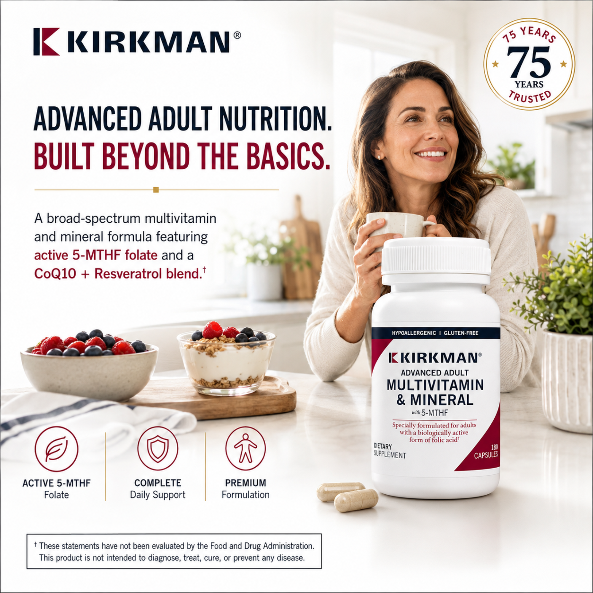 Kirkman Advanced Adult Multivitamin & Mineral supplement bottle shown in a bright kitchen setting with a smiling woman holding a mug behind it. The ad includes product benefits icons and a 75 years trusted badge.