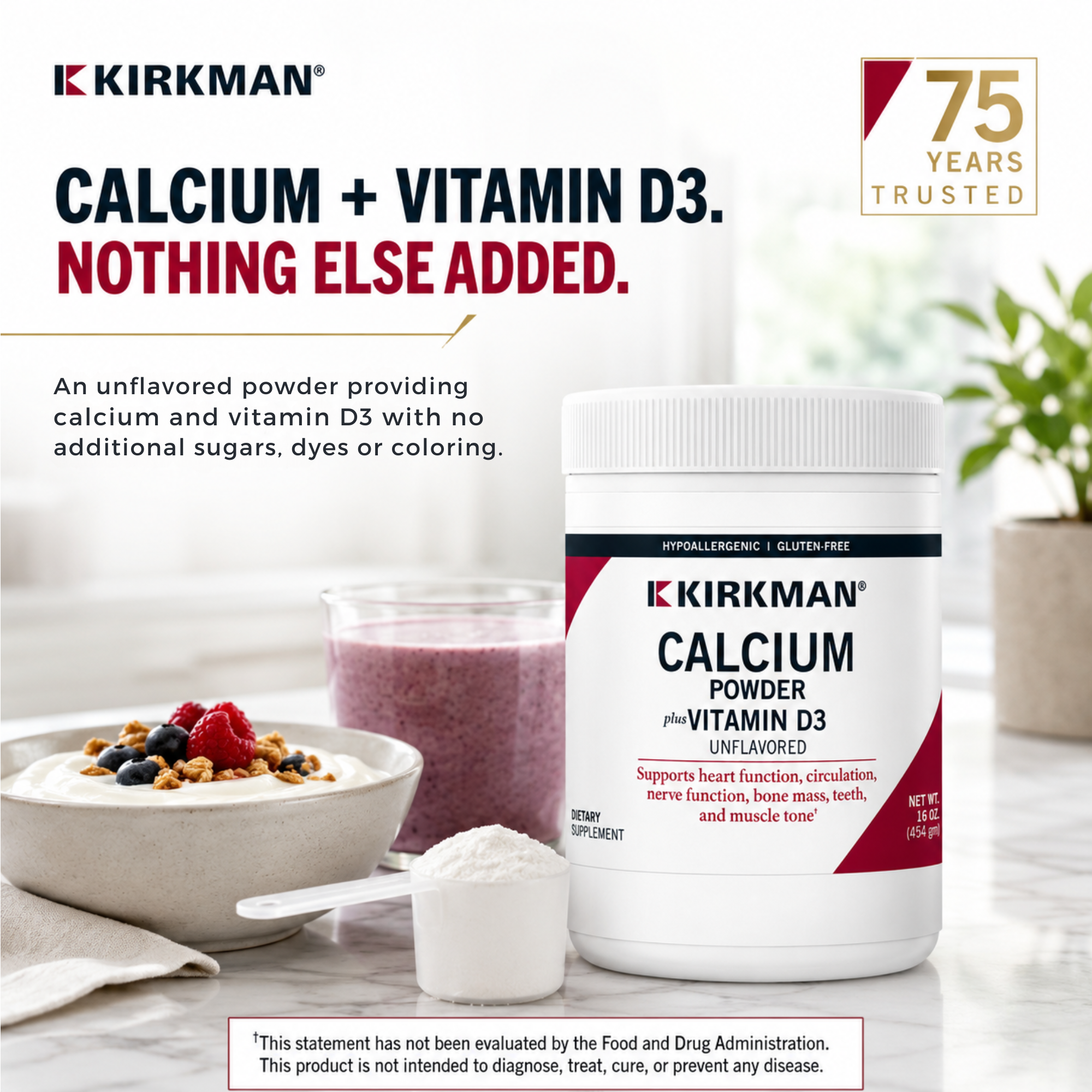 Kirkman Calcium Powder in a white tub with a white lid, shown on a light countertop with a bowl of yogurt, a glass of purple smoothie, and a scoop of powder. Text reads 'CALCIUM + VITAMIN D3. Nothing Else Added'.