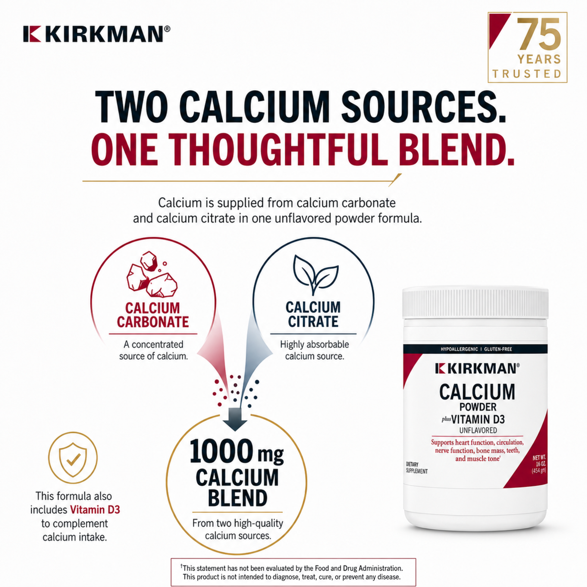 Kirkman Calcium Powder + Vitamin D3 supplement bottle on a white infographic background with product details explaining the benefits of calcium carbonate and calcium citrate, two calcium sources, and a 75 years trusted badge.