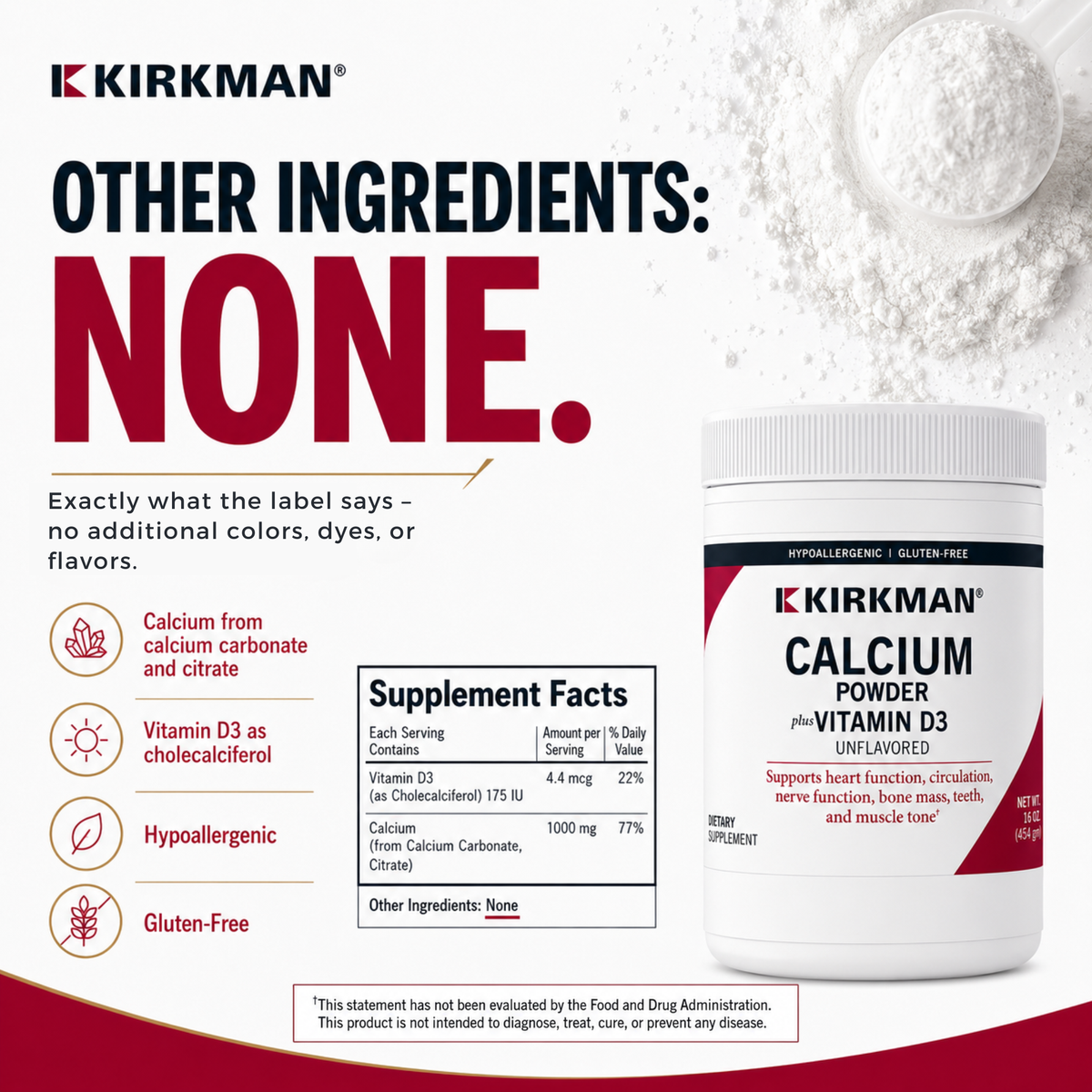 Kirkman Calcium Powder supplement bottle shown on a white background with large marketing text stating 'Other Ingredients: None.' and feature icons for calcium, Vitamin D, hypoallergenic, and gluten-free.