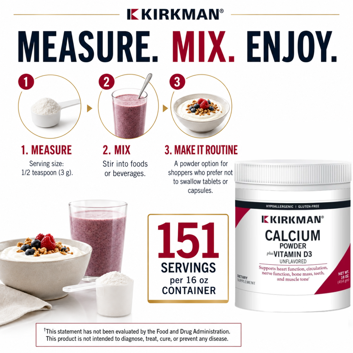 Kirkman Calcium Powder product graphic with a large white tub of powder, serving instructions, and a 151 servings per 16 oz container callout on a white background. 