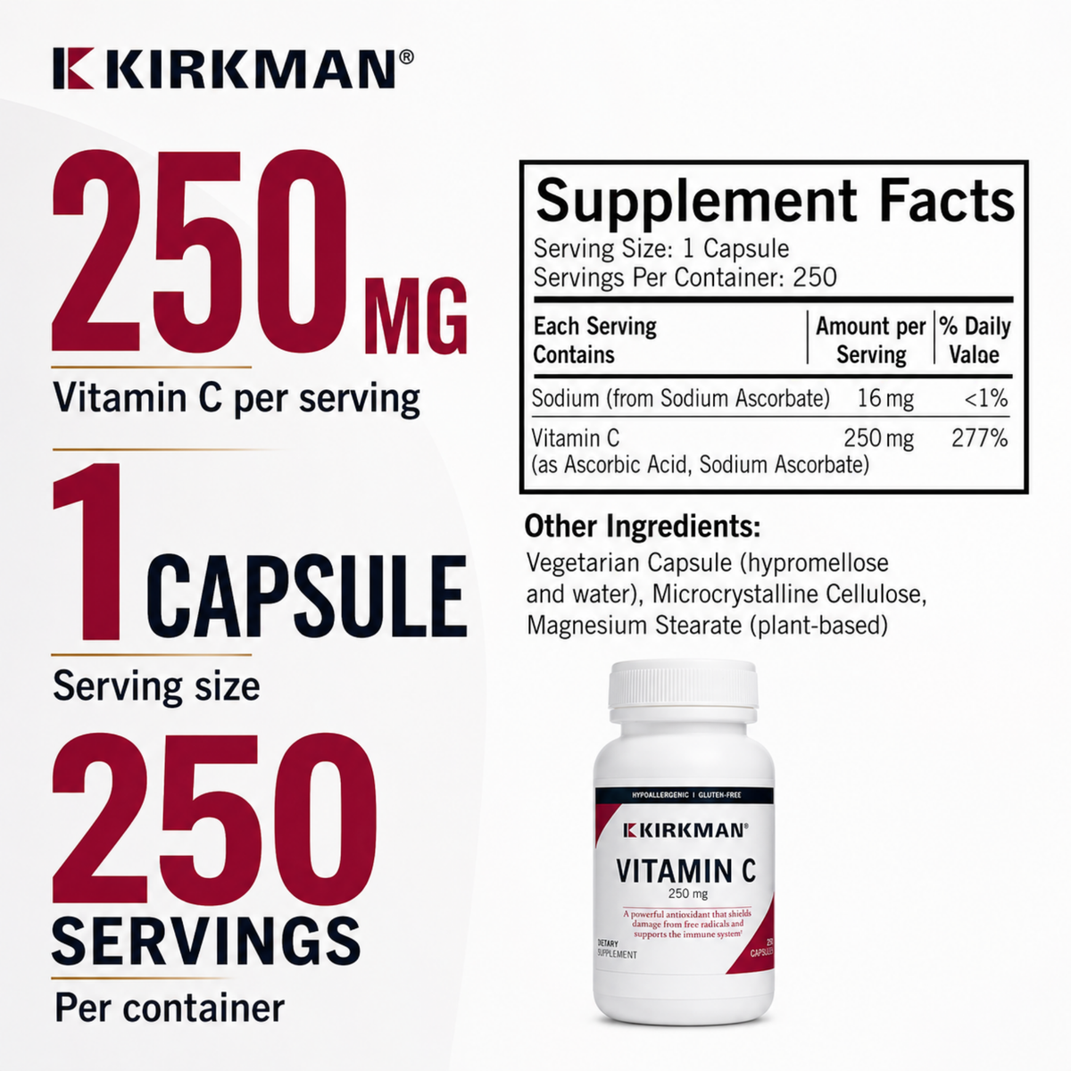 Kirkman Vitamin C 250 mg supplement packaging graphic showing a bottle of Kirkman Vitamin C 250 mg, a supplement facts panel, and large text highlighting 250 mg per serving, 1 capsule, and 250 servings per container.