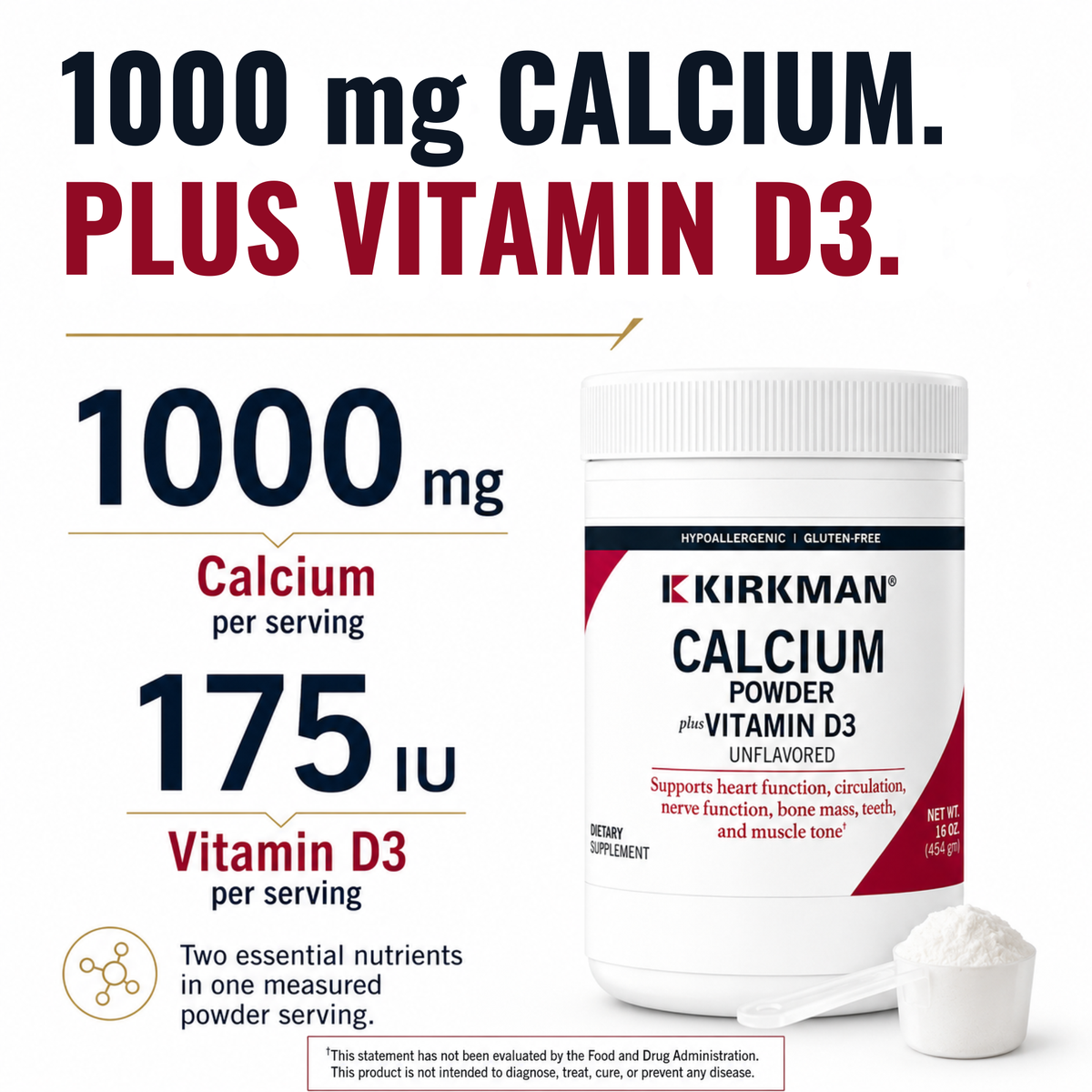 Kirkman Calcium Powder plus Vitamin D3 in a white plastic tub with a white powder scoop in front, set against a white background with large black and red text highlighting 1000 mg calcium and 175 IU vitamin D3 per serving.