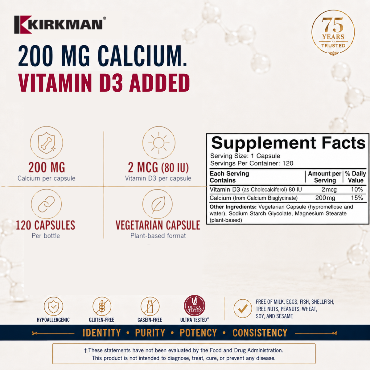 Calcium 200 mg with Vitamin D3 - Hypoallergenic