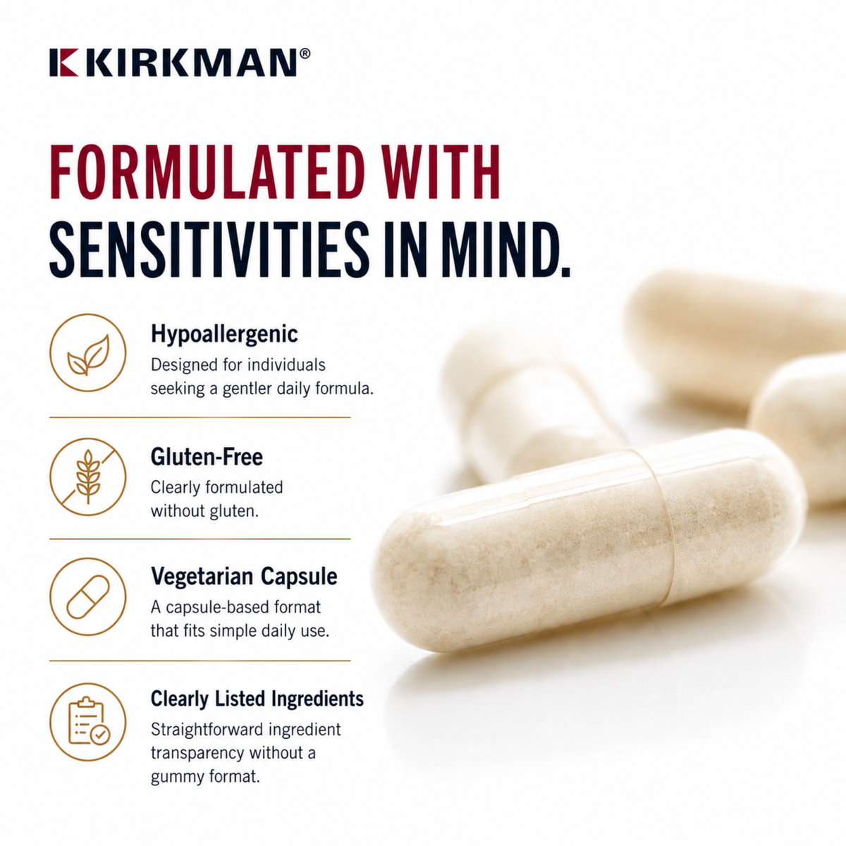 Kirkman brand marketing graphic featuring several beige vegetarian capsules on a white background with text highlighting product benefits: hypoallergenic, gluten-free, vegetarian capsule, and clearly listed ingredients.