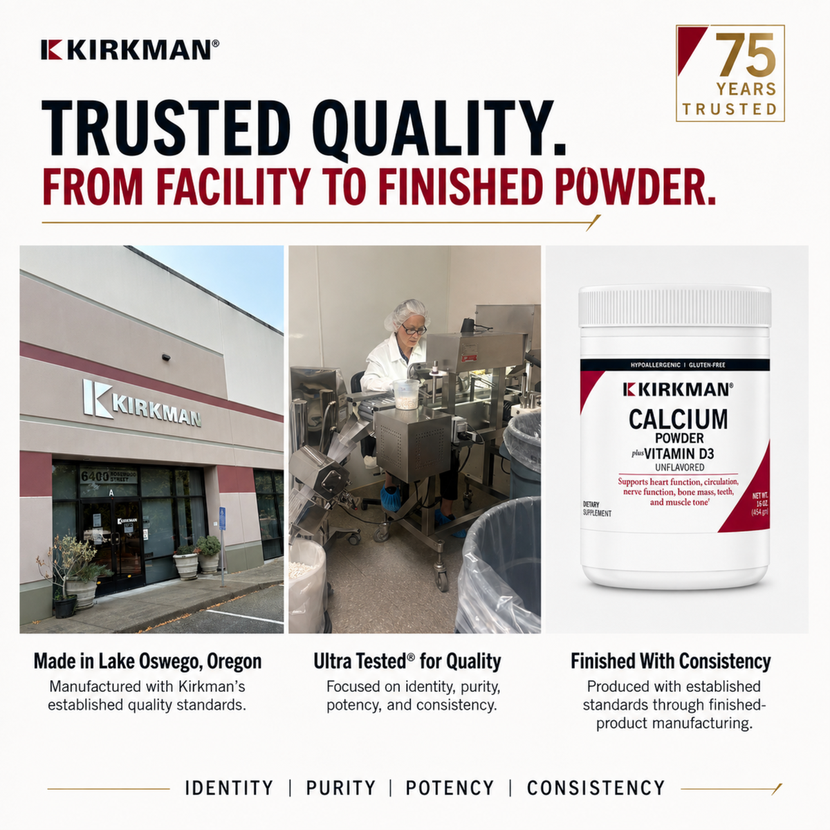 Kirkman Calcium Powder Vitamin D3 in a white tub with red and black label, shown on a branded marketing graphic with three photo panels and text about quality and facility trust.