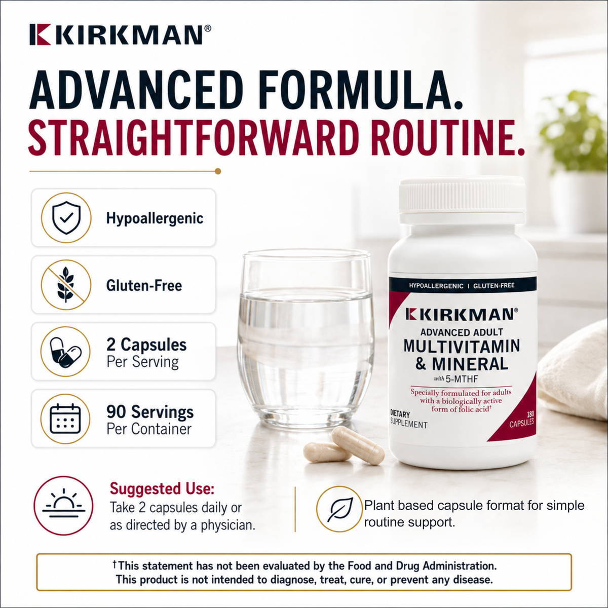 Kirkman Advanced Formula Multivitamin & Mineral supplement bottle shown on a clean white background with informational callouts, a glass of water, and capsules. The image includes product features such as hypoallergenic, gluten-free, 2 capsules per serving, 90 servings per container, and suggested use instructions.